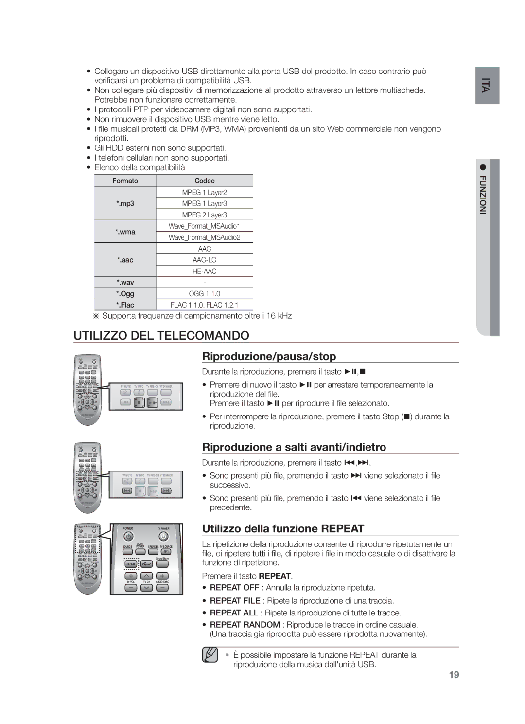 Samsung HW-F751/ZF, HW-F750/EN Utilizzo DEL Telecomando, Riproduzione/pausa/stop, Riproduzione a salti avanti/indietro 