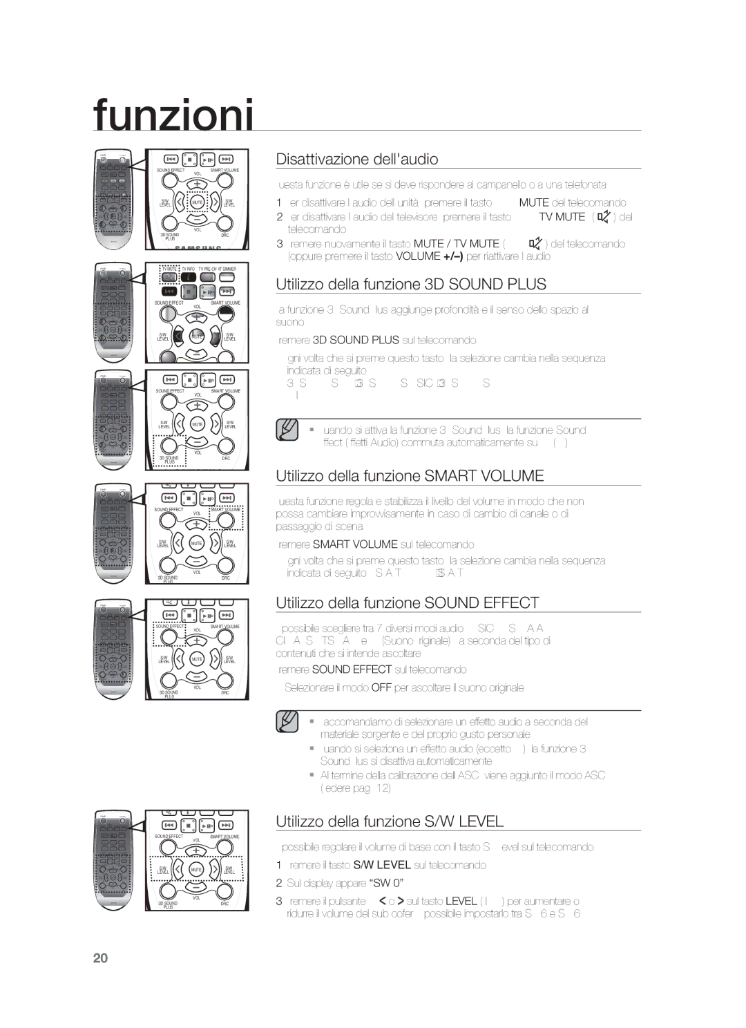 Samsung HW-F750/EN Disattivazione dellaudio, Utilizzo della funzione 3D Sound Plus, Utilizzo della funzione Smart Volume 