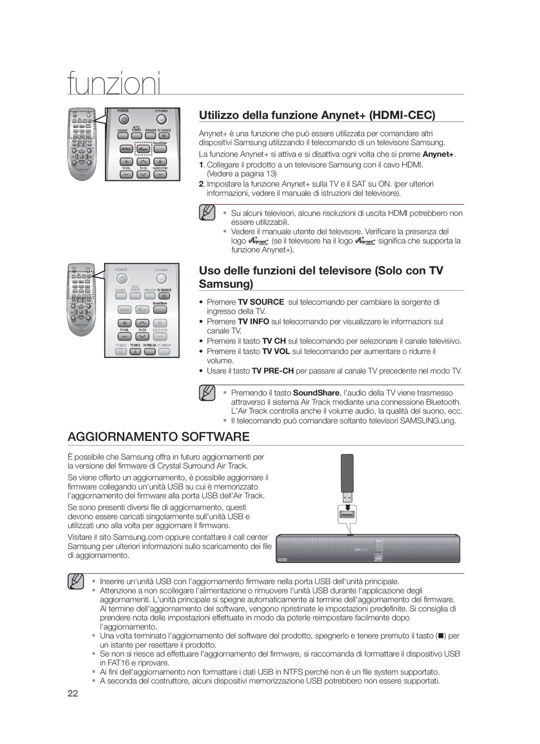 Samsung HW-F751/ZF, HW-F750/EN, HW-F750/ZF manual Aggiornamento Software, Utilizzo della funzione Anynet+ HDMI-CEC 