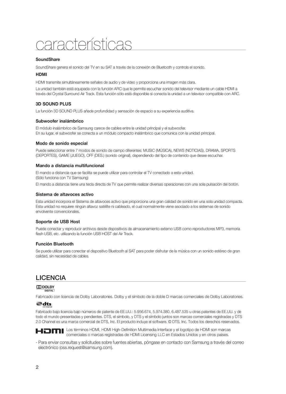 Samsung HW-F750/ZF, HW-F750/EN, HW-F751/ZF manual Características, Licencia 