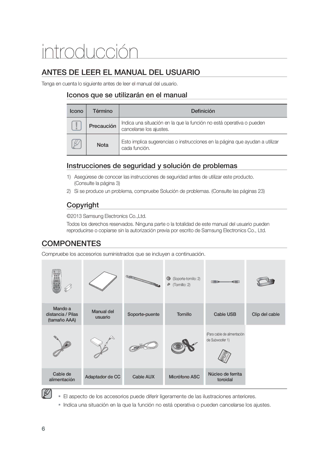 Samsung HW-F751/ZF, HW-F750/EN, HW-F750/ZF manual Introducción, Antes DE Leer EL Manual DEL Usuario, Componentes 