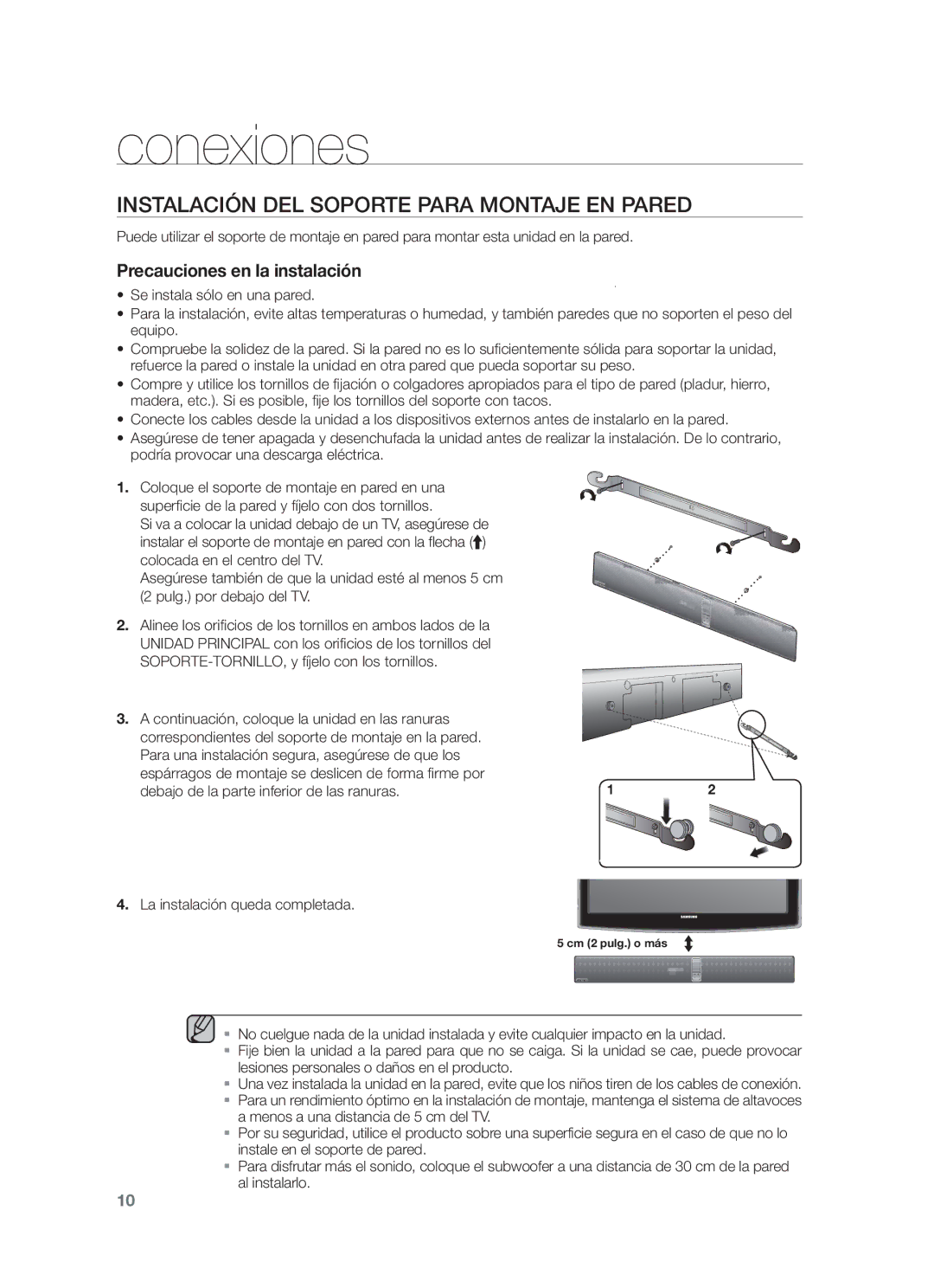 Samsung HW-F750/EN, HW-F750/ZF, HW-F751/ZF manual Conexiones, Instalación DEL Soporte Para Montaje EN Pared 