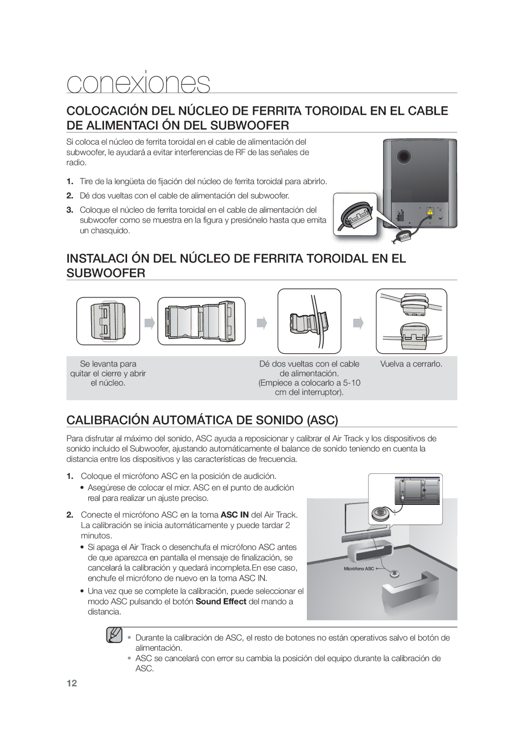 Samsung HW-F751/ZF manual Instalaci ÓN DEL Núcleo DE Ferrita Toroidal EN EL Subwoofer, Calibración Automática DE Sonido ASC 