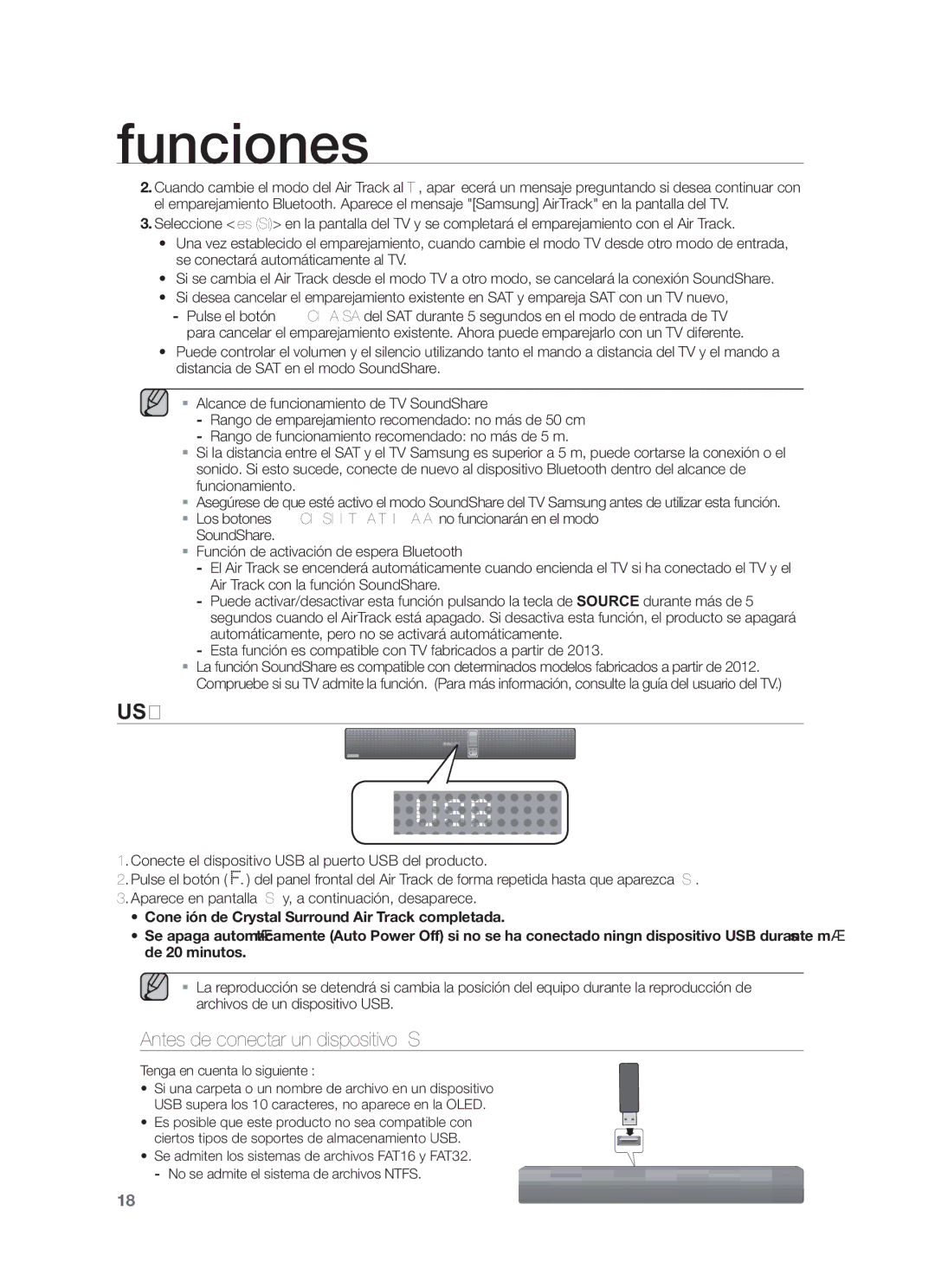 Samsung HW-F751/ZF, HW-F750/EN, HW-F750/ZF manual Antes de conectar un dispositivo USB, Tenga en cuenta lo siguiente 