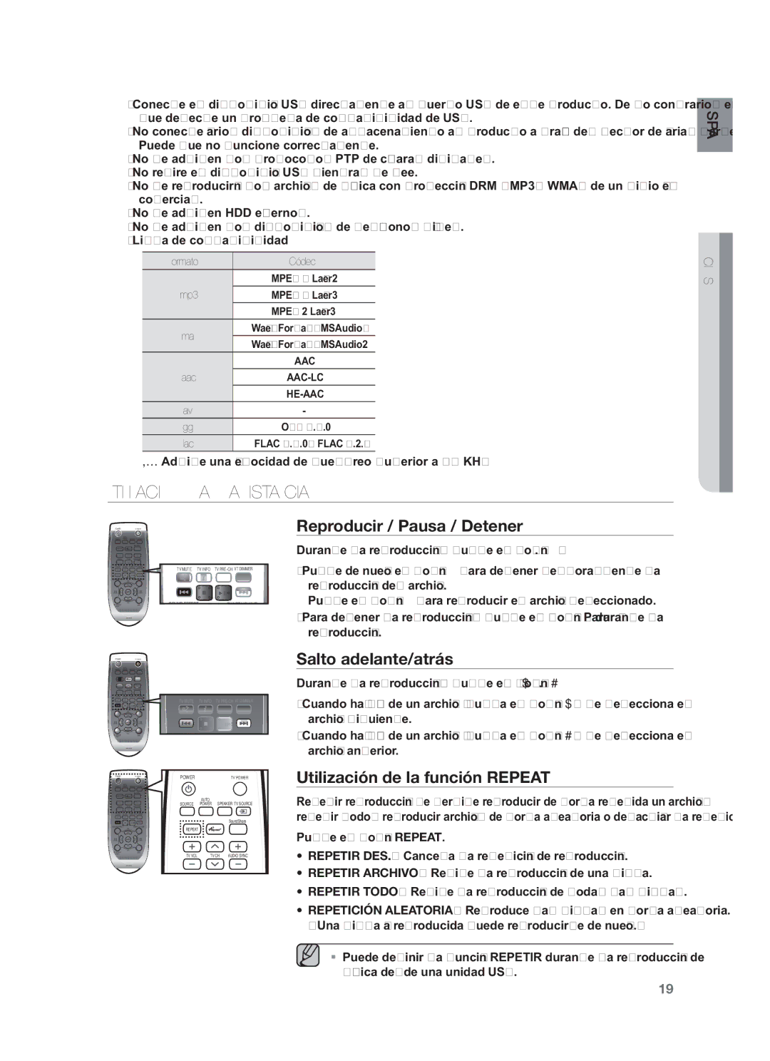 Samsung HW-F750/EN, HW-F750/ZF manual Utilización DEL Mando a Distancia, Reproducir / Pausa / Detener, Salto adelante/atrás 