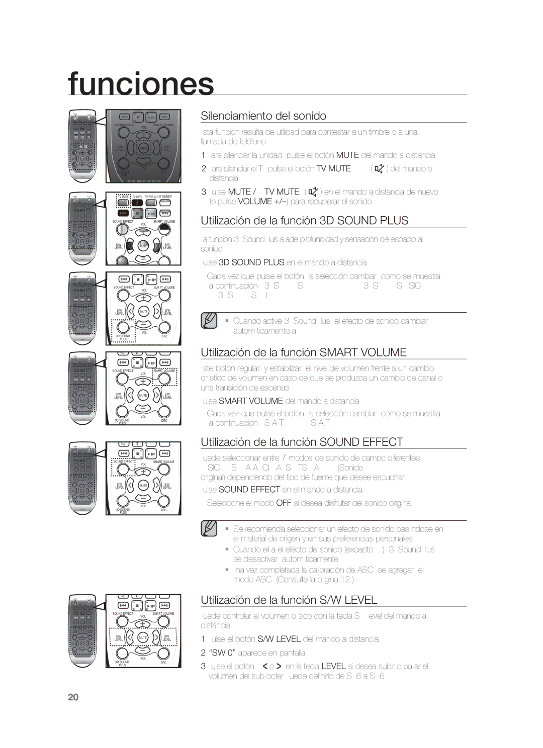 Samsung HW-F750/ZF Silenciamiento del sonido, Utilización de la función 3D Sound Plus, Utilización de la función S/W Level 