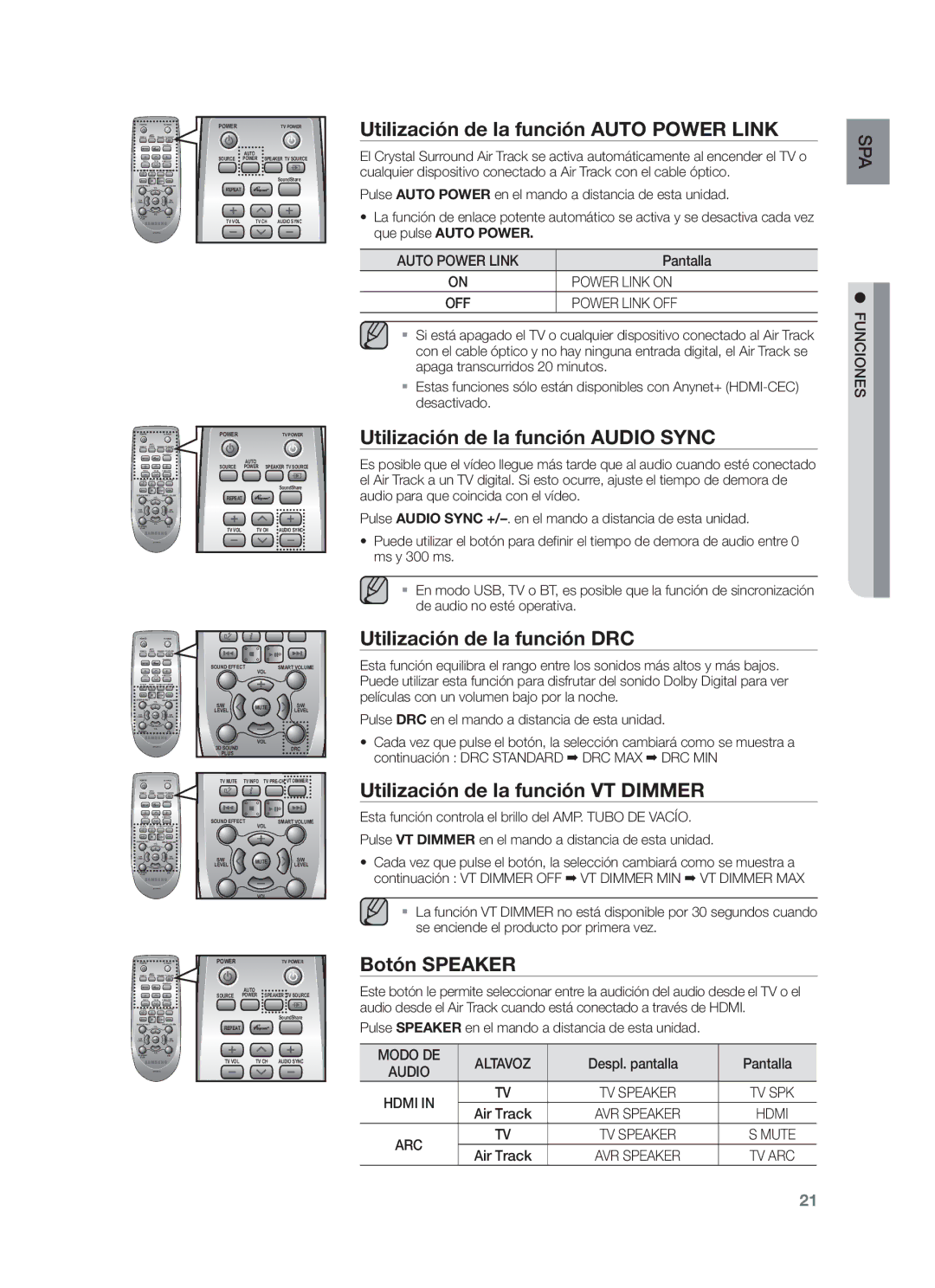 Samsung HW-F751/ZF manual Utilización de la función Auto Power Link, Utilización de la función Audio Sync, Botón Speaker 