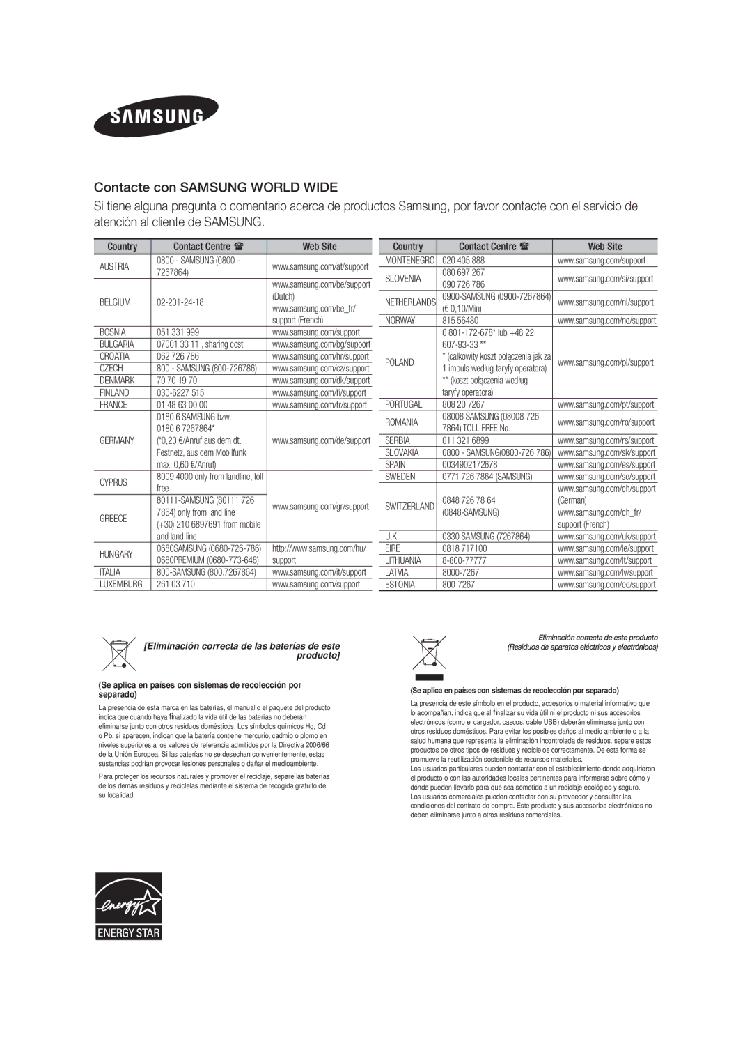 Samsung HW-F750/EN, HW-F750/ZF, HW-F751/ZF manual Eliminación correcta de las baterías de este producto 