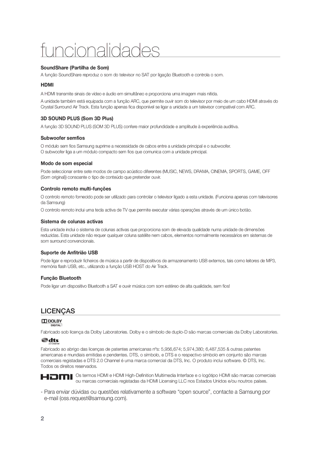 Samsung HW-F751/ZF, HW-F750/EN, HW-F750/ZF manual Funcionalidades, SoundShare Partilha de Som 