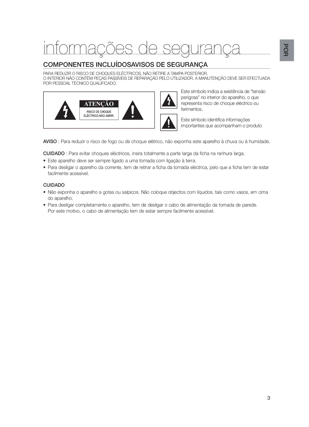 Samsung HW-F750/EN, HW-F750/ZF, HW-F751/ZF manual Informações de segurança, Cuidado 