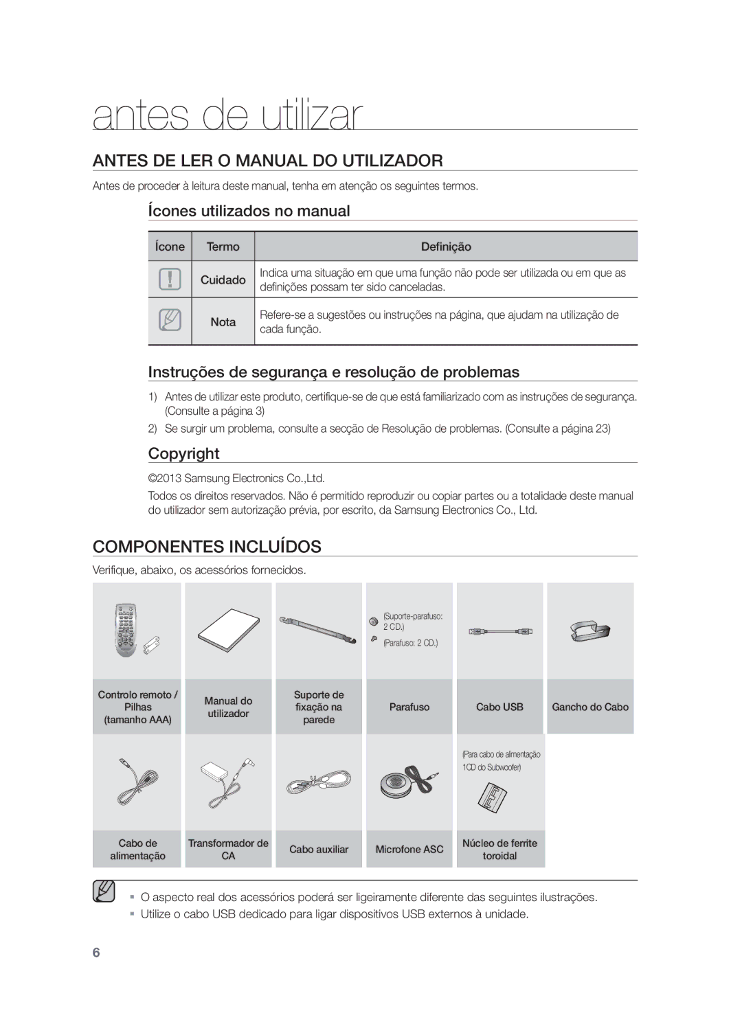 Samsung HW-F750/EN, HW-F750/ZF, HW-F751/ZF Antes de utilizar, Antes DE LER O Manual do Utilizador, Componentes Incluídos 