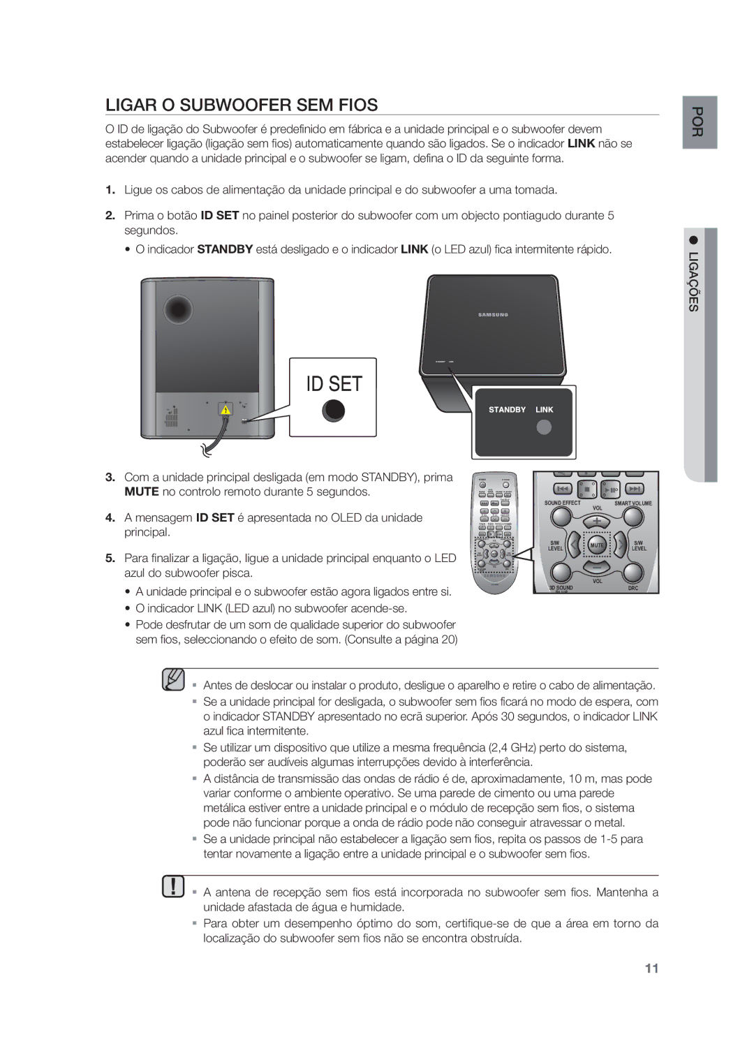 Samsung HW-F751/ZF, HW-F750/EN manual Ligar O Subwoofer SEM Fios, Ligações, Indicador Link LED azul no subwoofer acende-se 