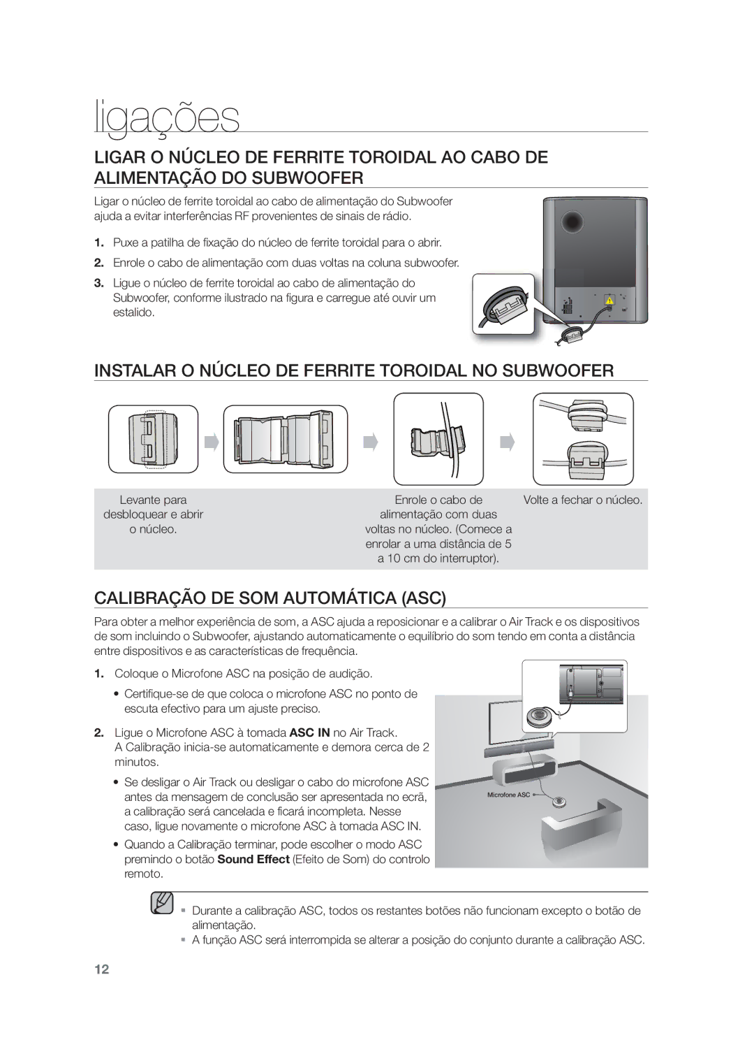 Samsung HW-F750/EN, HW-F750/ZF manual Instalar O Núcleo DE Ferrite Toroidal no Subwoofer, Calibração DE SOM Automática ASC 