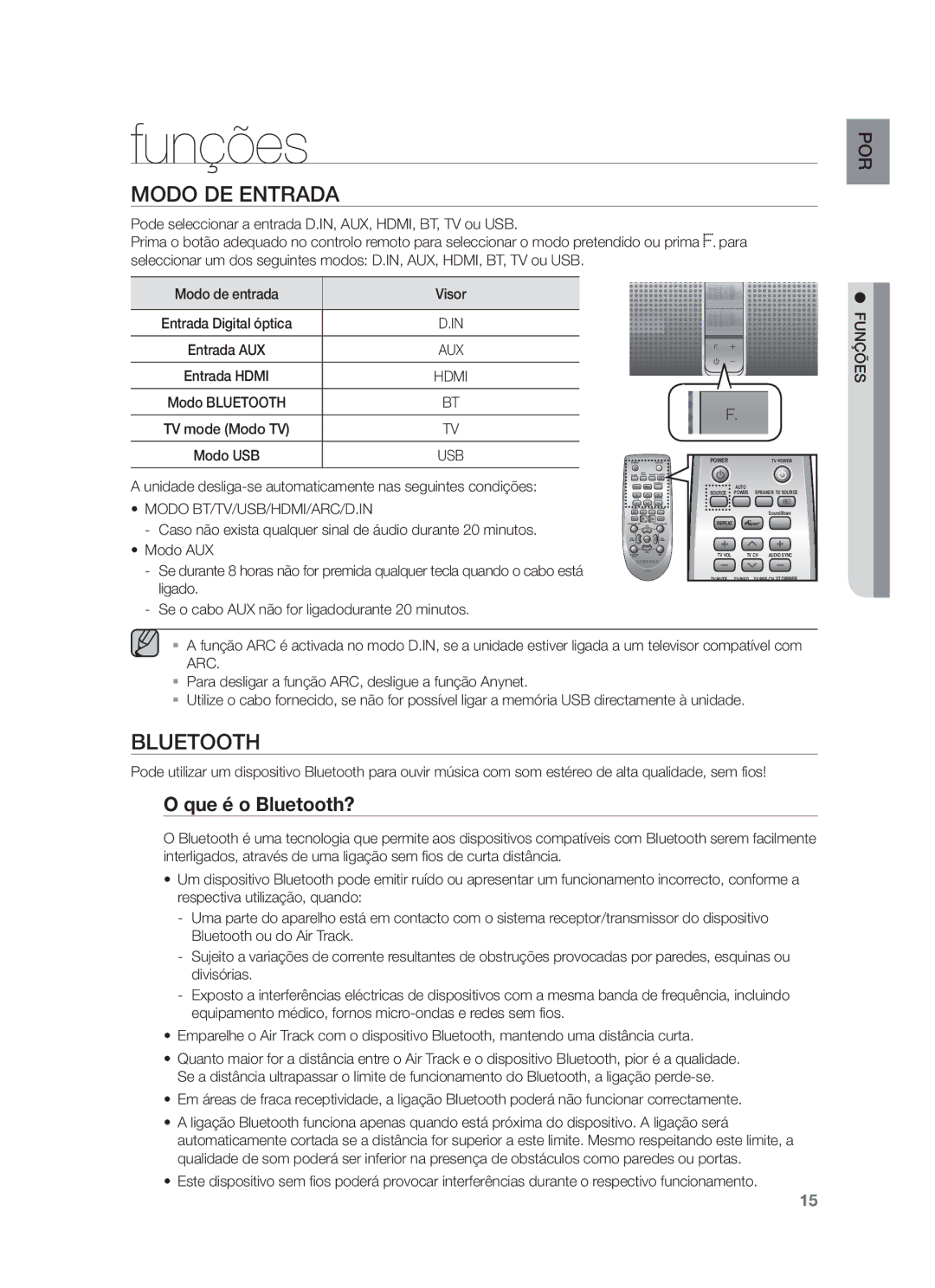 Samsung HW-F750/EN, HW-F750/ZF, HW-F751/ZF manual Funções, Que é o Bluetooth?, Modo de entrada Visor 