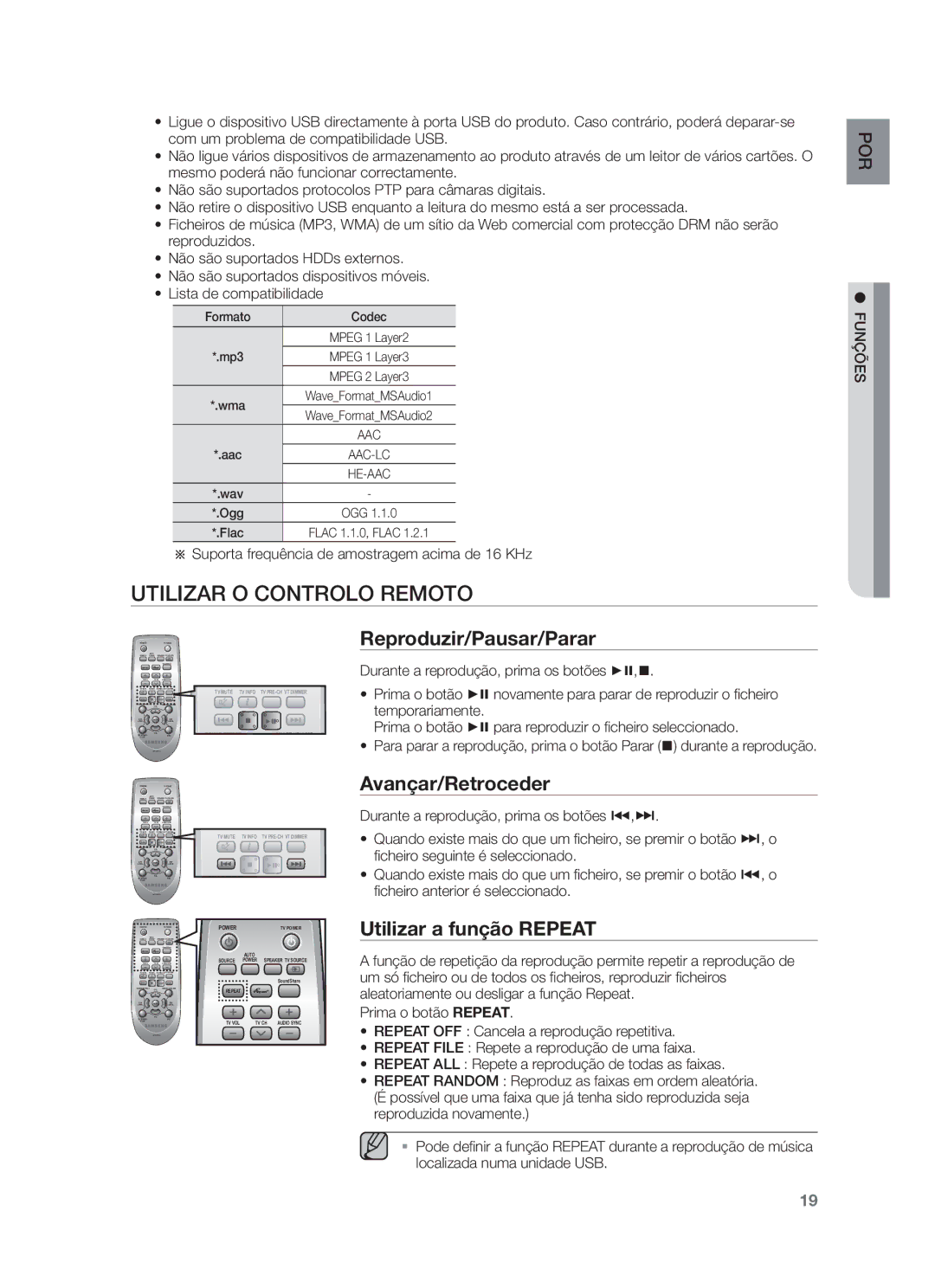 Samsung HW-F750/ZF manual Utilizar O Controlo Remoto, Reproduzir/Pausar/Parar, Avançar/Retroceder, Utilizar a função Repeat 