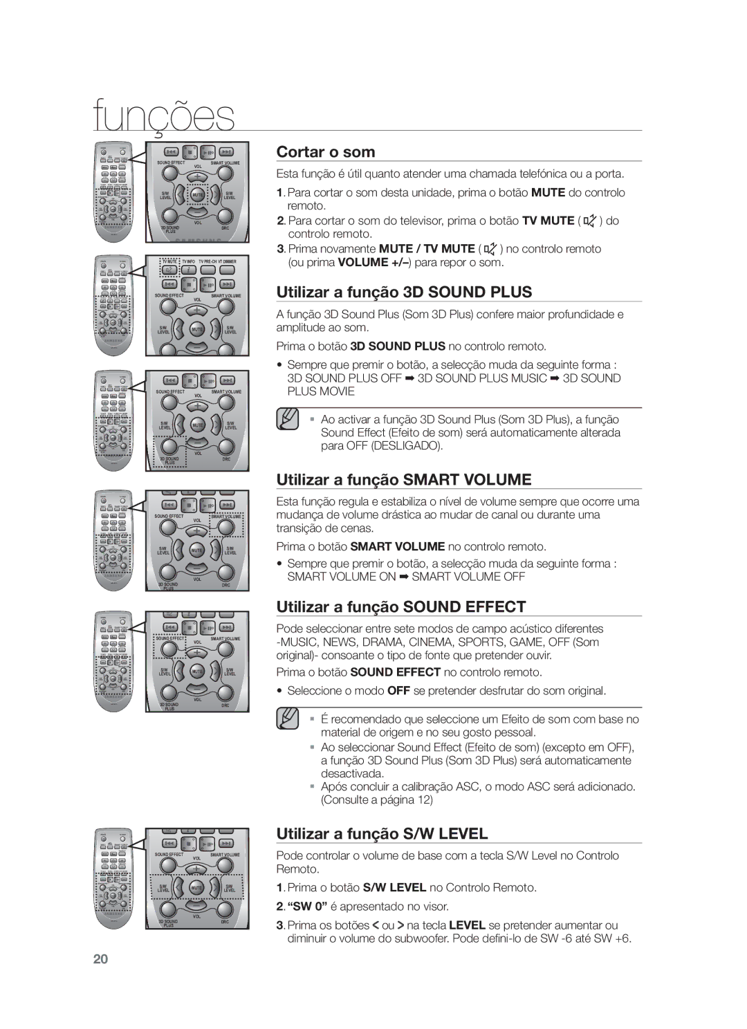 Samsung HW-F751/ZF, HW-F750/EN, HW-F750/ZF Cortar o som, Utilizar a função 3D Sound Plus, Utilizar a função Smart Volume 