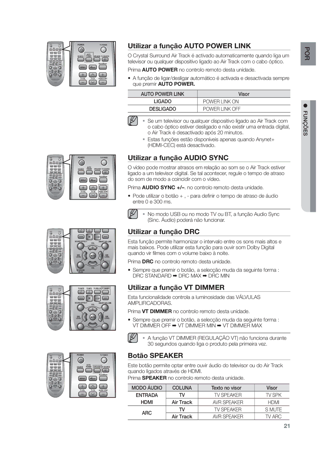 Samsung HW-F750/EN Utilizar a função Auto Power Link, Utilizar a função Audio Sync, Utilizar a função DRC, Botão Speaker 