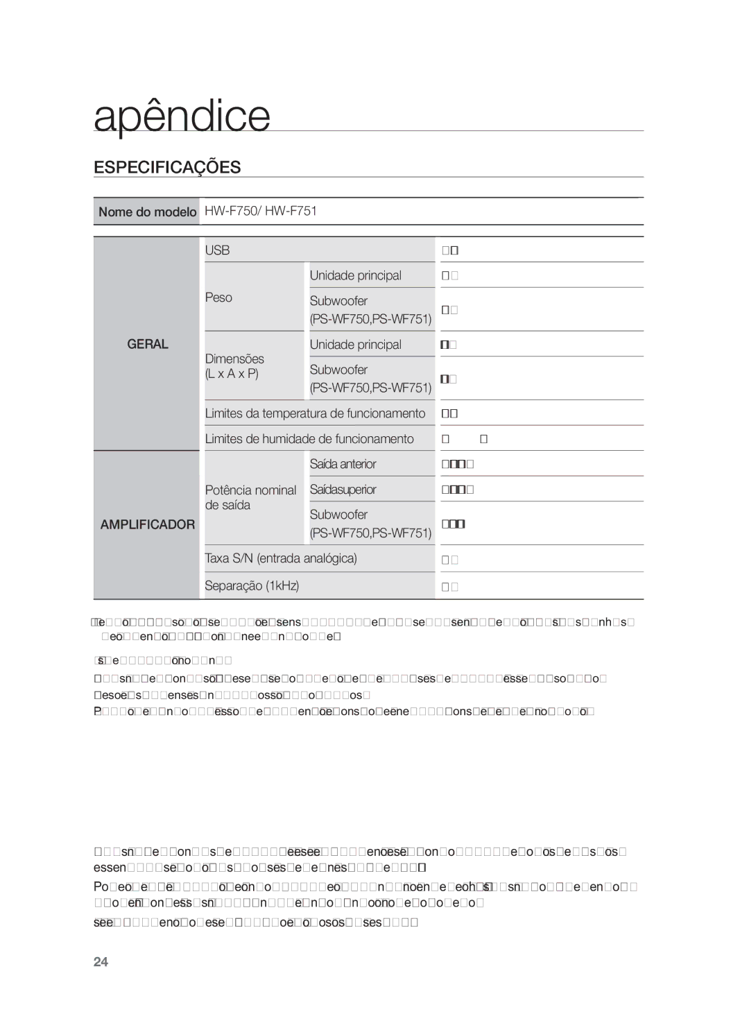 Samsung HW-F750/EN, HW-F750/ZF, HW-F751/ZF manual Apêndice, Especificações 