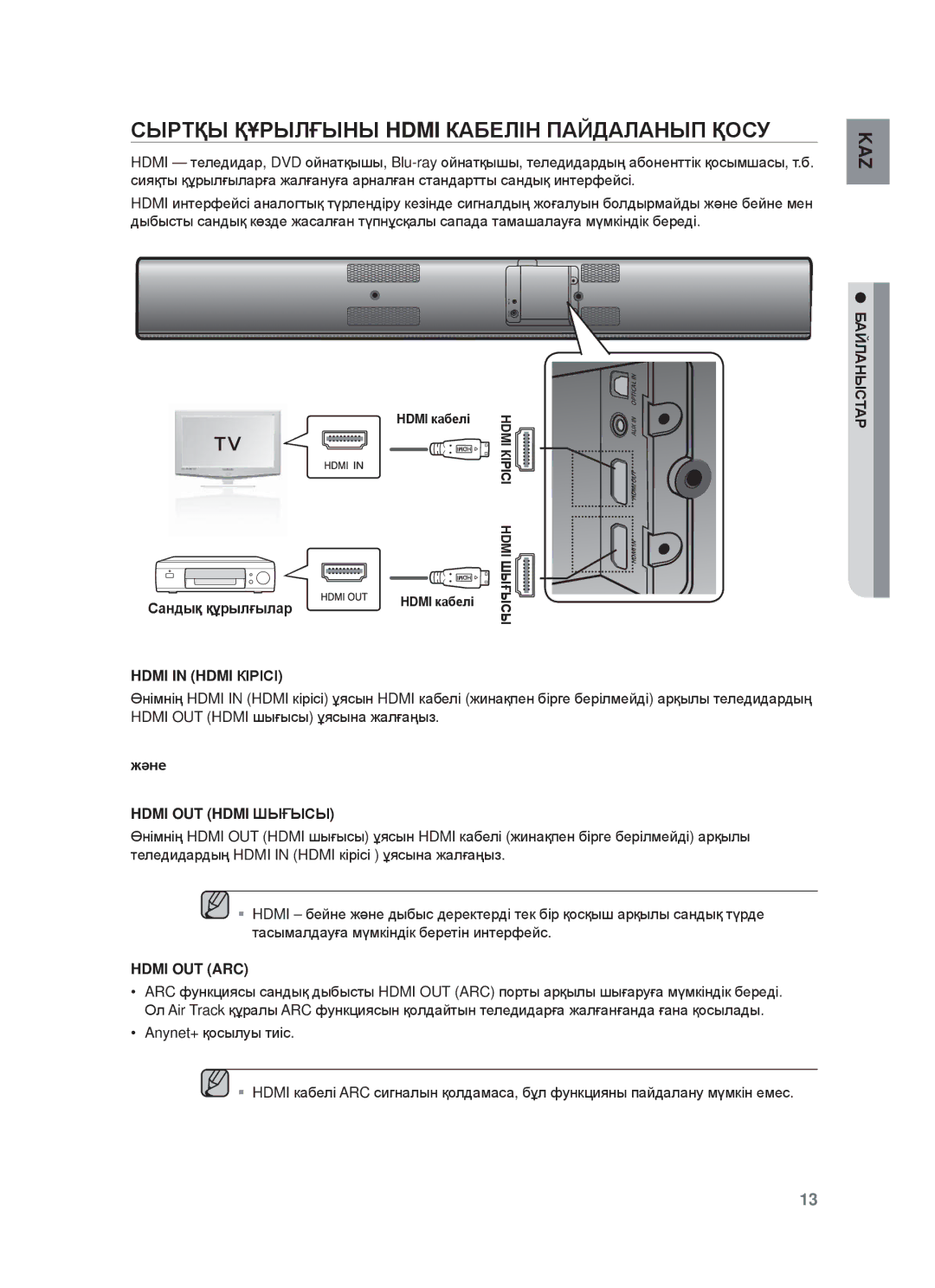 Samsung HW-F750/RU manual ɊЫɊɌҚЫ ҚҰɊЫЛҒЫɇЫ Hdmi КȺБȿЛȱɇ ПȺɃДȺЛȺɇЫП ҚɈɋУ, Ɋɚндық құɪылғылɚɪ, Жəнɟ Hdmi OUT Hdmi ШЫҒЫɋЫ 