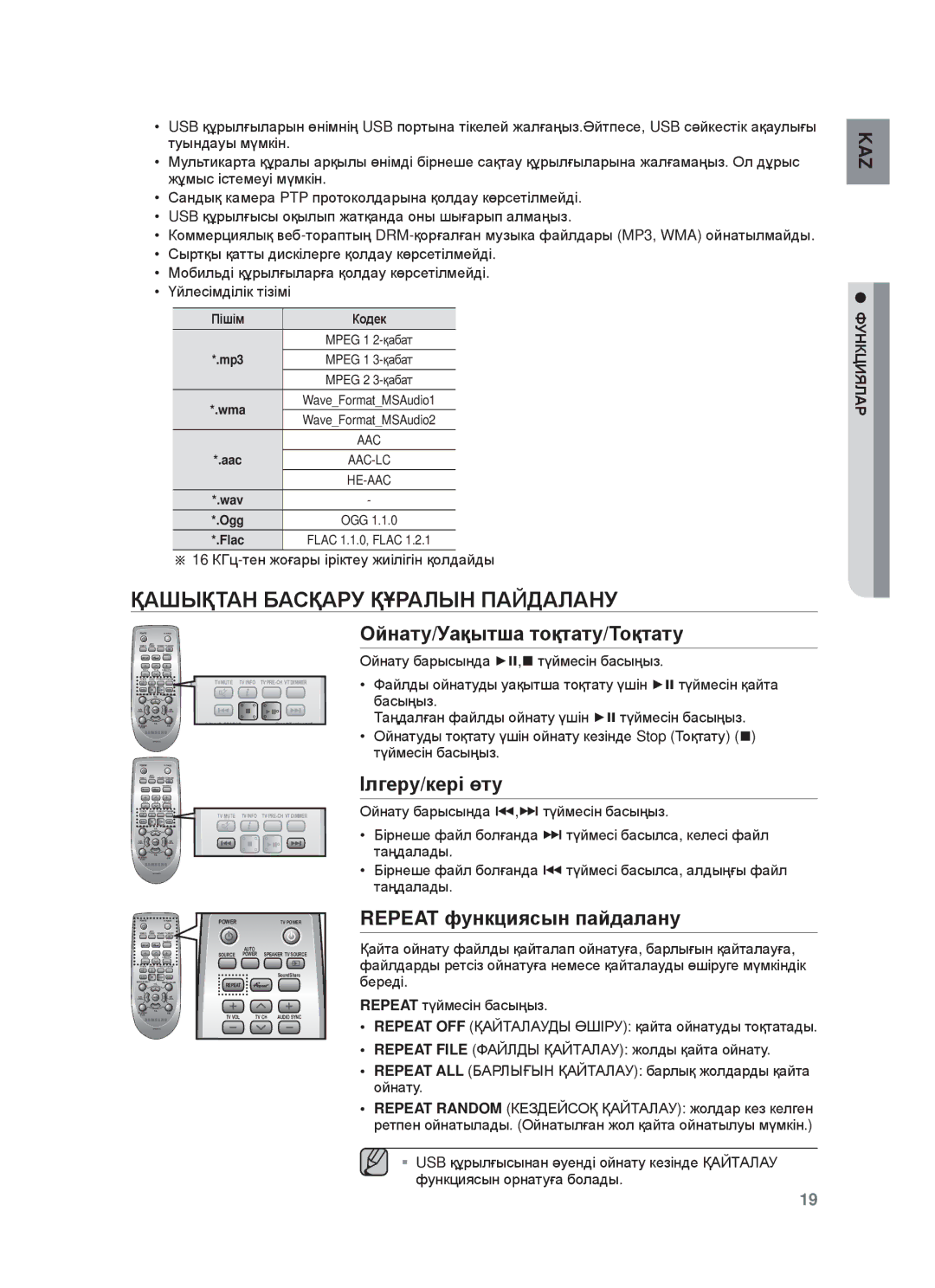 Samsung HW-F750/RU manual ҚȺШЫҚɌȺɇ БȺɋҚȺɊУ ҚҰɊȺЛЫɇ ПȺɃДȺЛȺɇУ, Ɉɣнɚтɭ/Уɚқытшɚ тɨқтɚтɭ/Ɍɨқтɚтɭ, Ȱлгɟɪɭ/кɟɪɿ өтɭ 