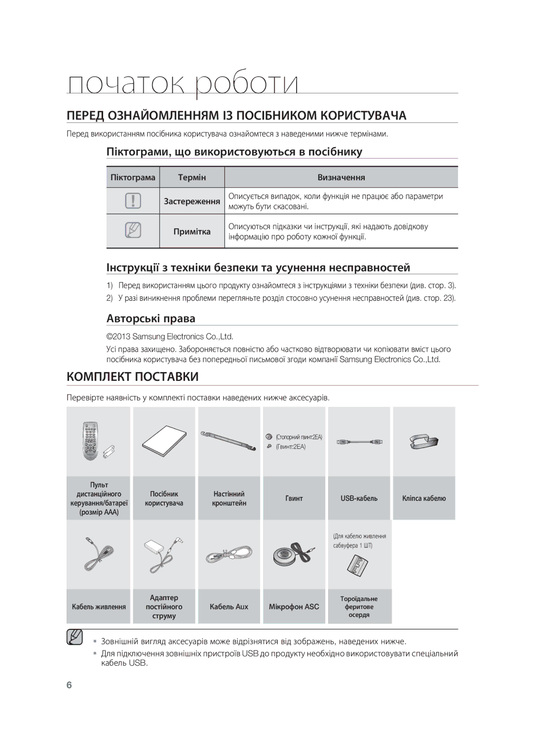 Samsung HW-F750/RU manual Початок роботи, Перед Ознайомленням ІЗ Посібником Користувача, Комплект Поставки 