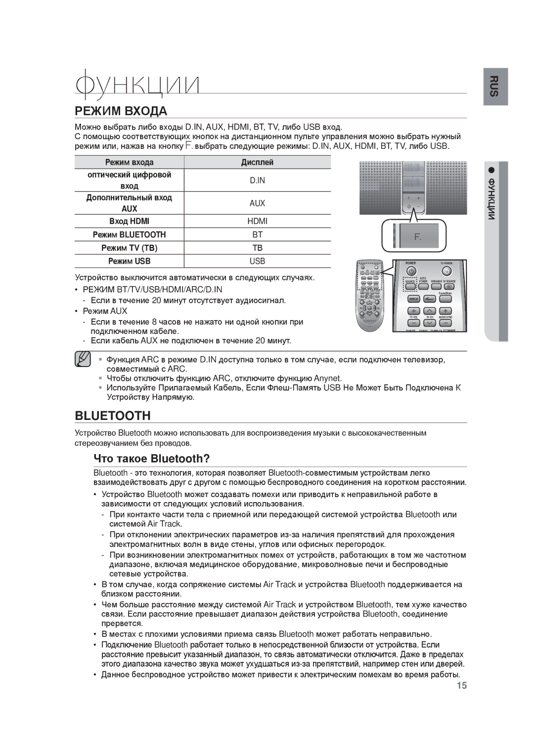 Samsung HW-F750/RU manual ɊȿЖИɆ ȼɏɈДȺ, Чтɨ тɚкɨɟ Bluetooth?, Ɋɟжим вɯɨдɚ Диɫплɟɣ Ɨптичɟɫкиɣ цифɪɨвɨɣ, ФУɇКЦИИ 