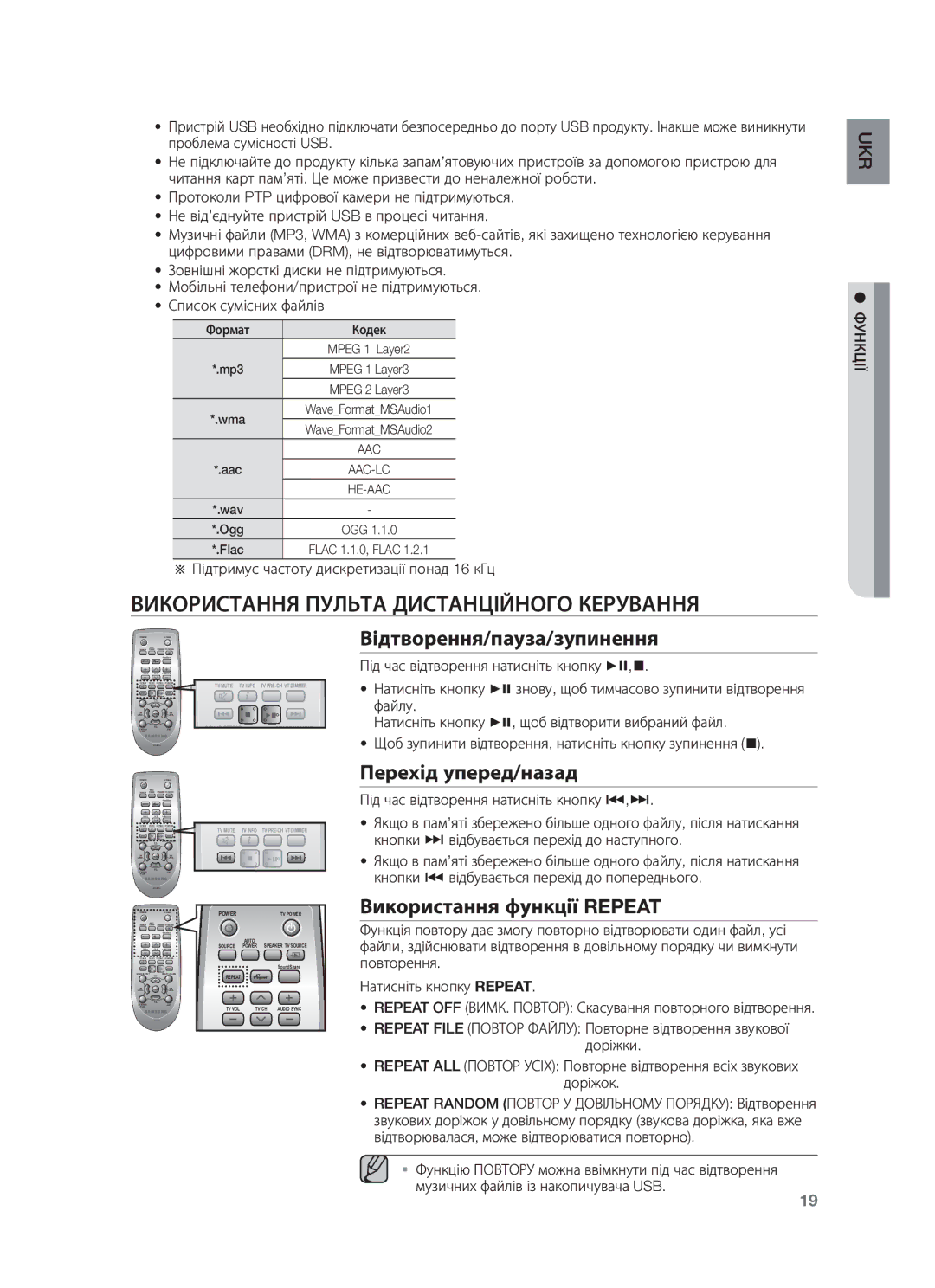 Samsung HW-F750/RU manual Використання Пульта Дистанційного Керування, Відтворення/пауза/зупинення, Перехід уперед/назад 
