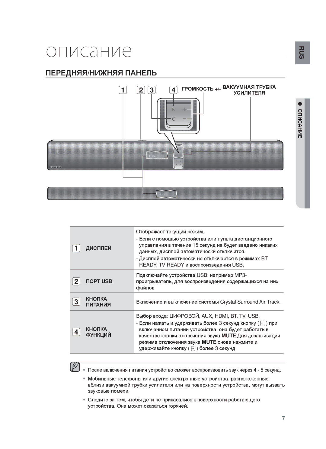 Samsung HW-F750/RU manual Описание, ПȿɊȿДɇЯЯ/ɇИЖɇЯЯ ПȺɇȿЛЬ 