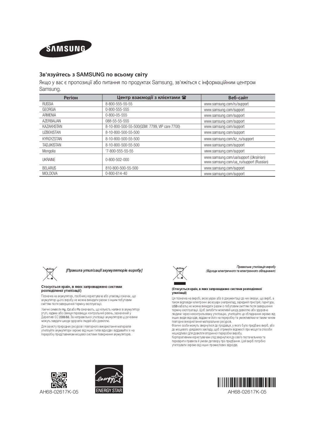 Samsung HW-F750/RU manual AH68-02617K-05, Регіон Центр взаємодії з клієнтами Веб-сайт 