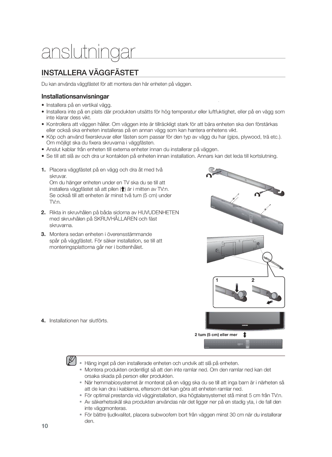 Samsung HW-F750/XE, HW-F751/XE manual Anslutningar, Installera Väggfästet, Installationen har slutförts 