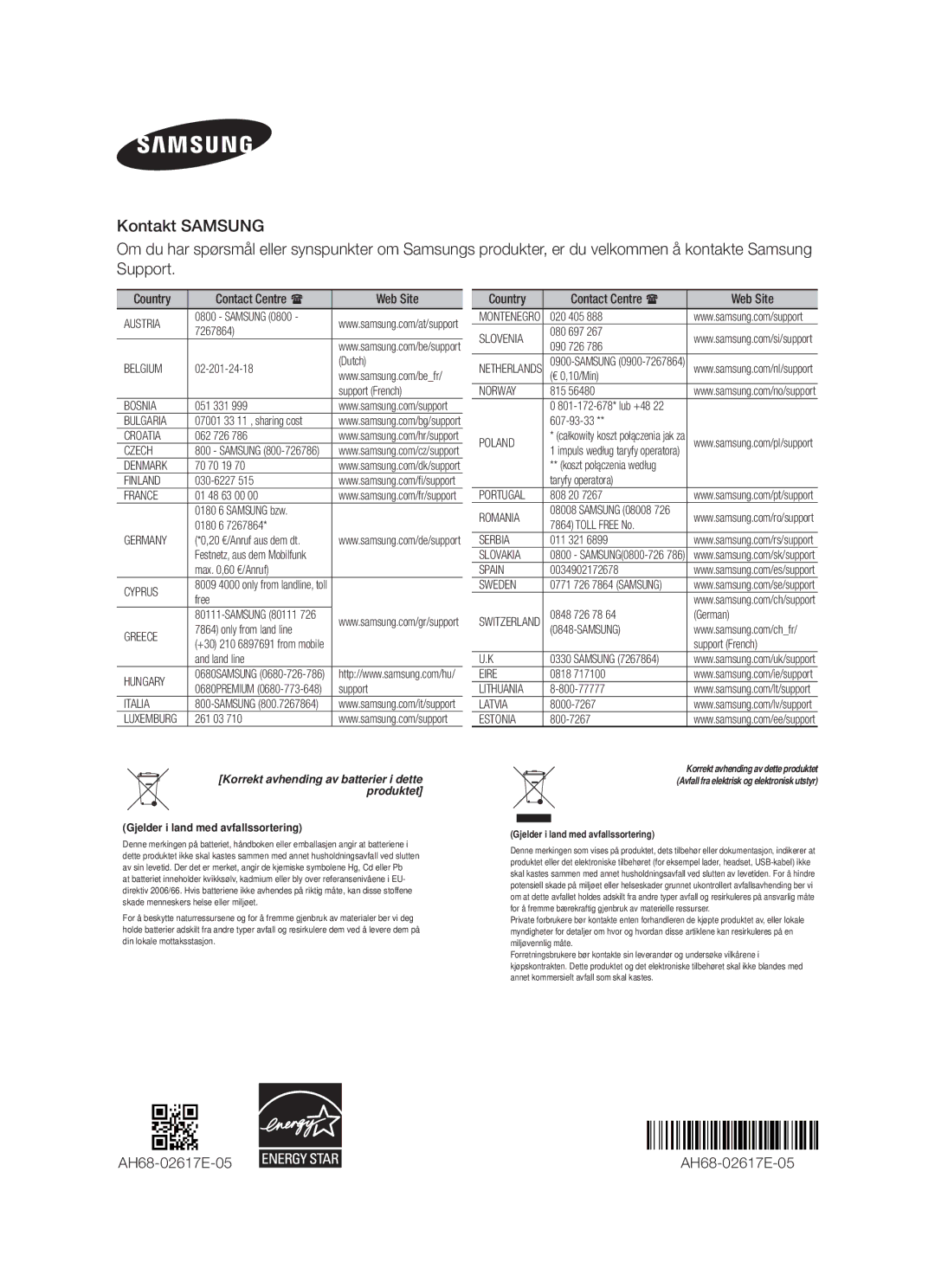 Samsung HW-F750/XE, HW-F751/XE manual AH68-02617E-05, Korrekt avhending av batterier i dette produktet 