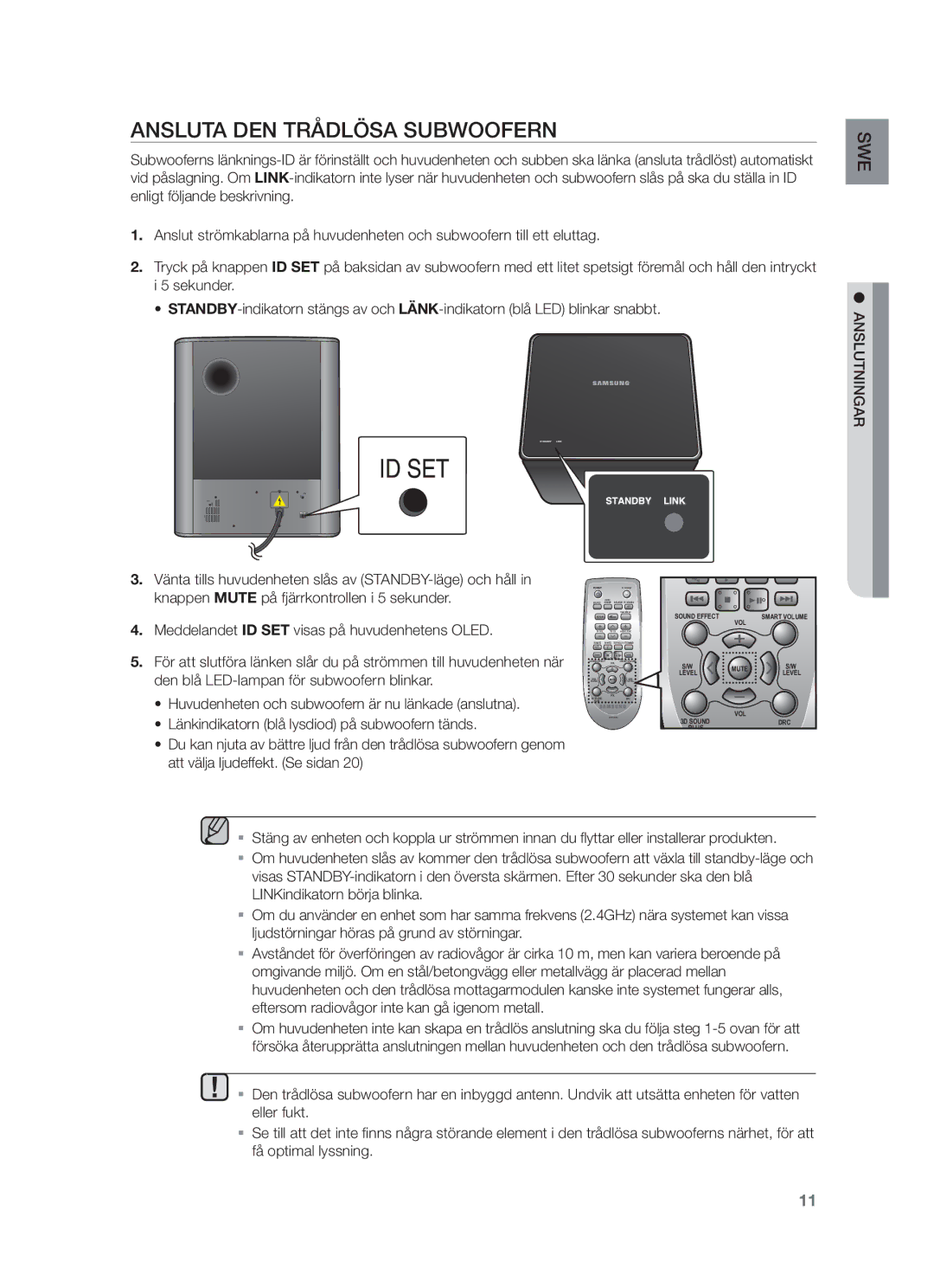 Samsung HW-F751/XE, HW-F750/XE manual Ansluta DEN Trådlösa Subwoofern, Anslutningar 