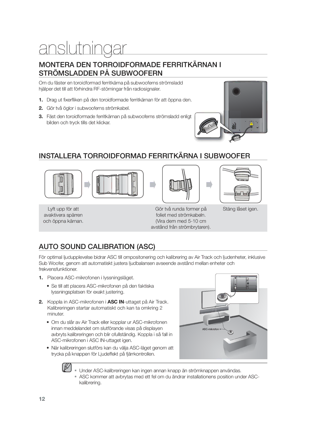 Samsung HW-F750/XE, HW-F751/XE manual Installera Torroidformad Ferritkärna I Subwoofer, Auto Sound Calibration ASC 