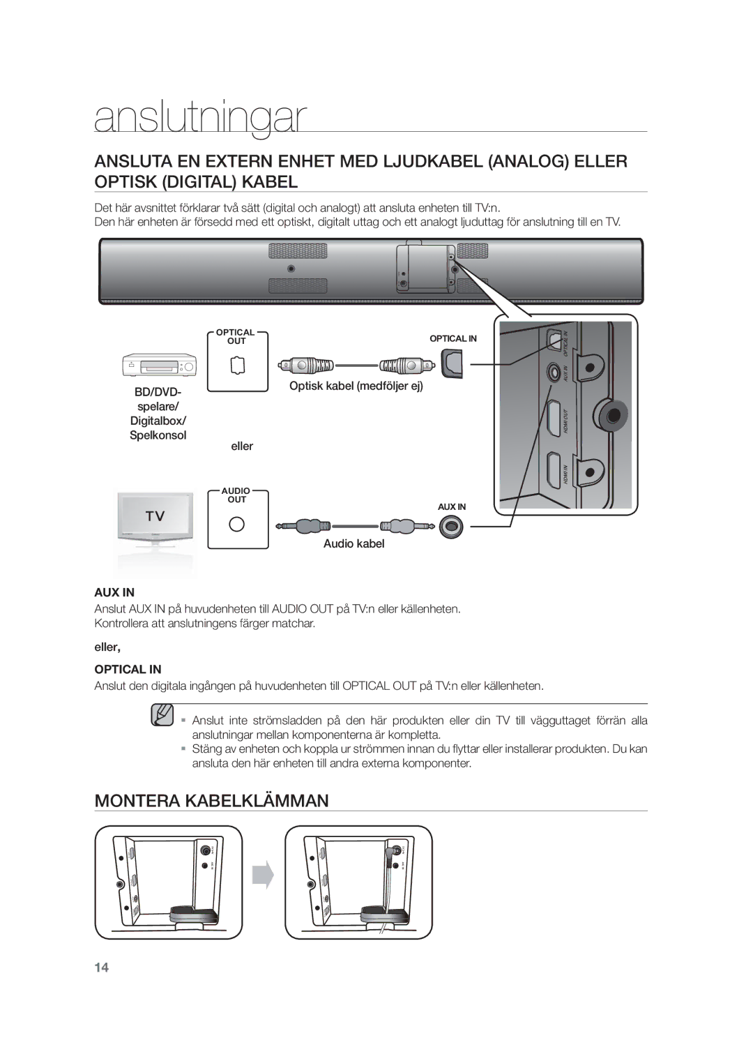 Samsung HW-F750/XE, HW-F751/XE manual Montera Kabelklämman, Optisk kabel medföljer ej, Eller, Audio kabel 