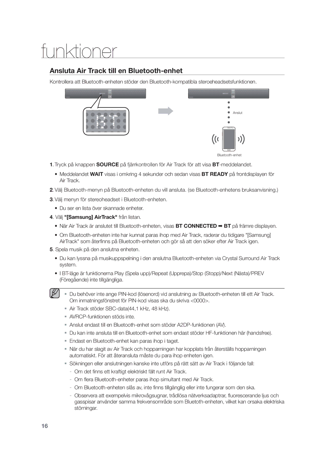 Samsung HW-F750/XE, HW-F751/XE manual Ansluta Air Track till en Bluetooth-enhet, Välj Samsung AirTrack från listan 