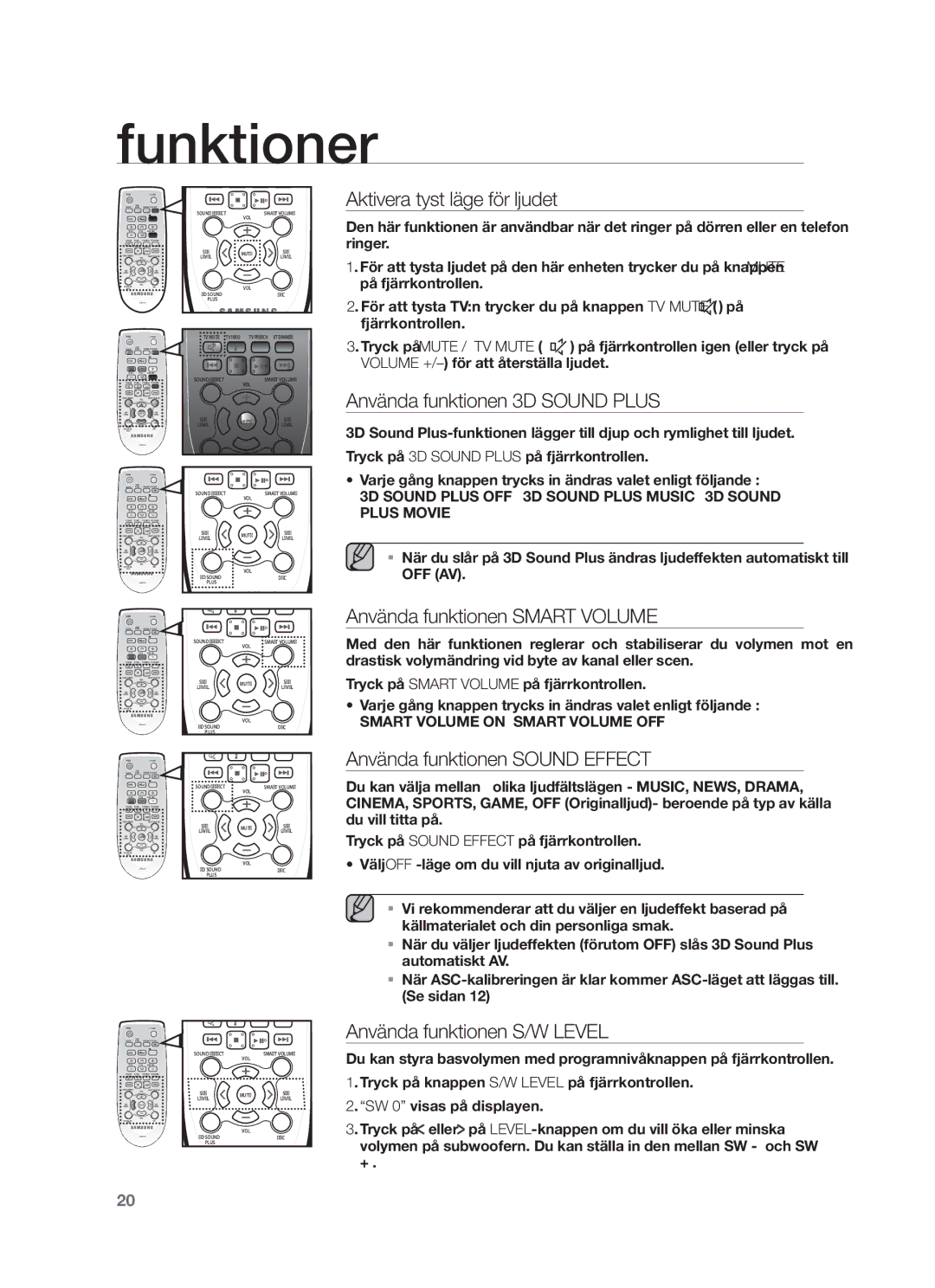 Samsung HW-F750/XE manual Aktivera tyst läge för ljudet, Använda funktionen 3D Sound Plus, Använda funktionen Smart Volume 