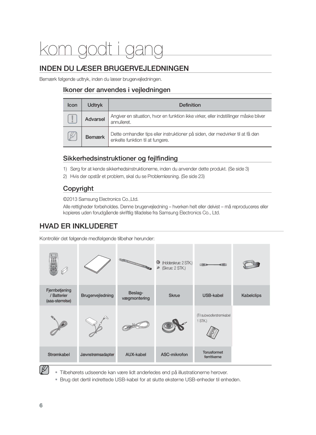 Samsung HW-F751/XE, HW-F750/XE manual Kom godt i gang, Inden DU Læser Brugervejledningen, Hvad ER Inkluderet 