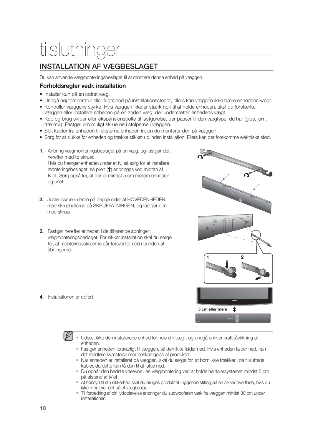 Samsung HW-F751/XE, HW-F750/XE manual Tilslutninger, Installation AF Vægbeslaget 