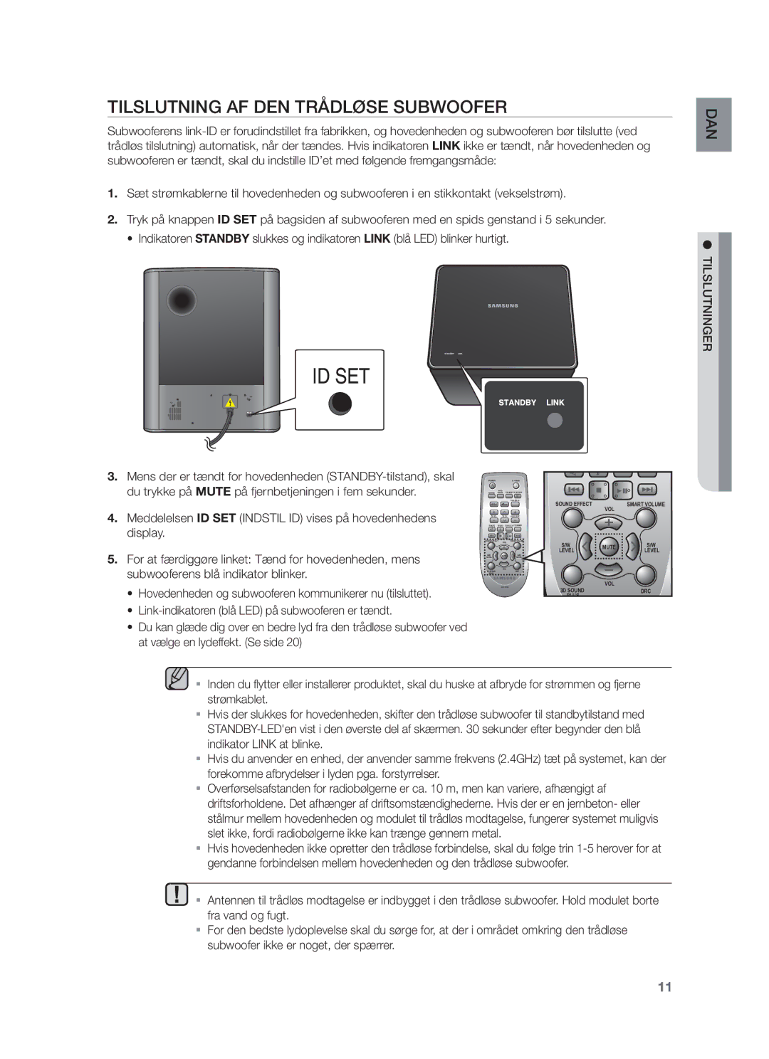 Samsung HW-F750/XE, HW-F751/XE manual Tilslutning AF DEN Trådløse Subwoofer, Tilslutninger 