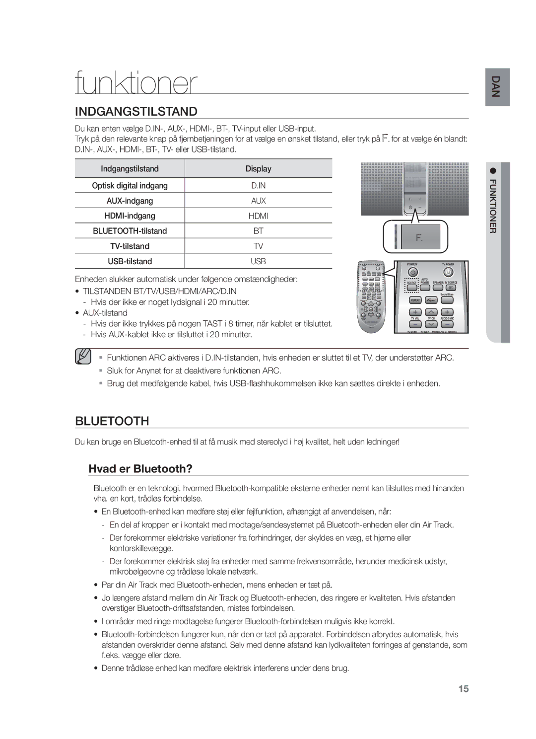 Samsung HW-F750/XE manual Indgangstilstand, Hvad er Bluetooth?, Enheden slukker automatisk under følgende omstændigheder 