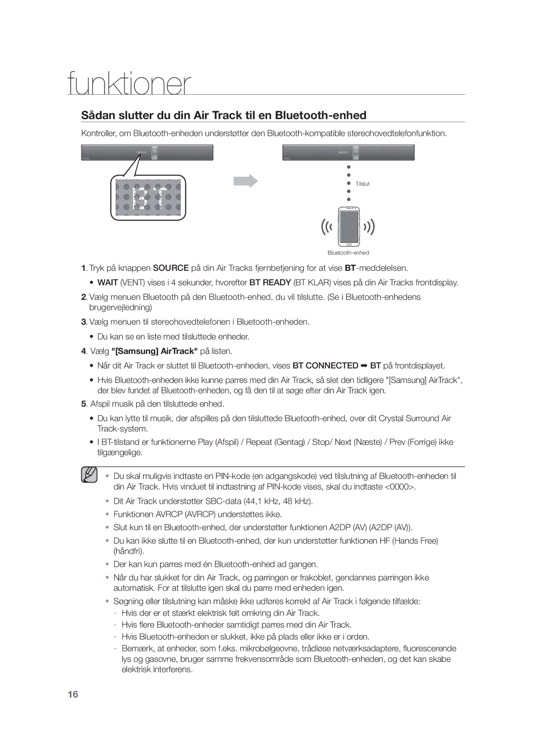 Samsung HW-F751/XE, HW-F750/XE manual Sådan slutter du din Air Track til en Bluetooth-enhed, Vælg Samsung AirTrack på listen 