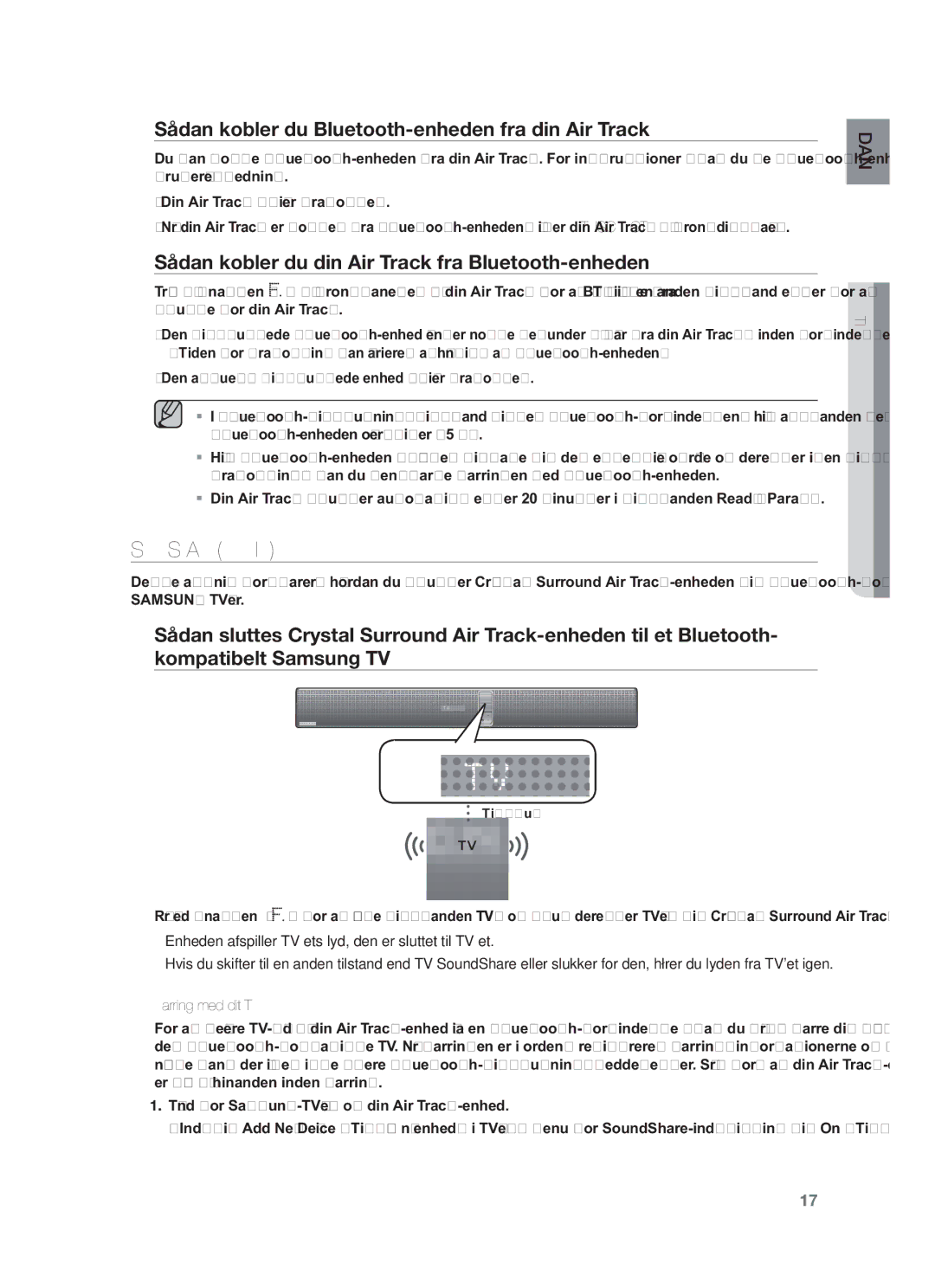 Samsung HW-F750/XE manual Soundshare Lyddeling, Sådan kobler du Bluetooth-enheden fra din Air Track, Parring med dit TV 