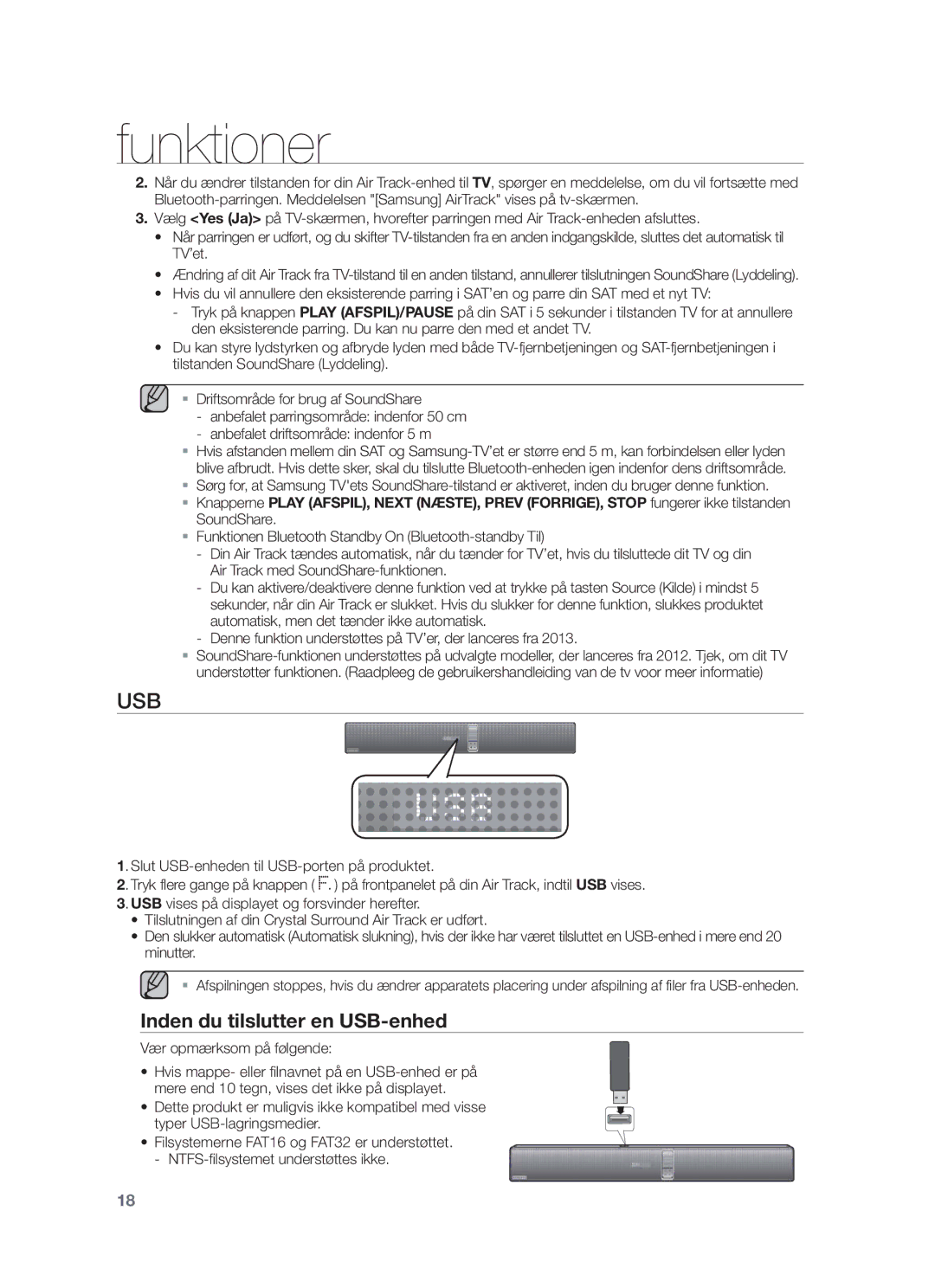 Samsung HW-F751/XE, HW-F750/XE manual Inden du tilslutter en USB-enhed, Vær opmærksom på følgende 