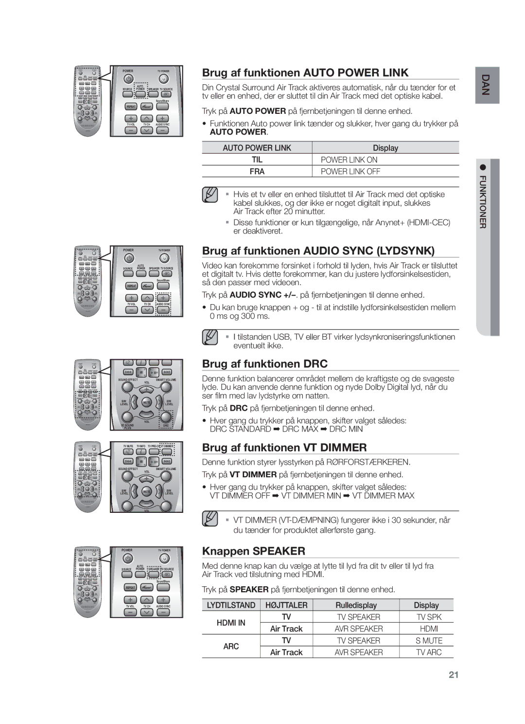 Samsung HW-F750/XE manual Brug af funktionen Auto Power Link, Brug af funktionen Audio Sync Lydsynk, Brug af funktionen DRC 