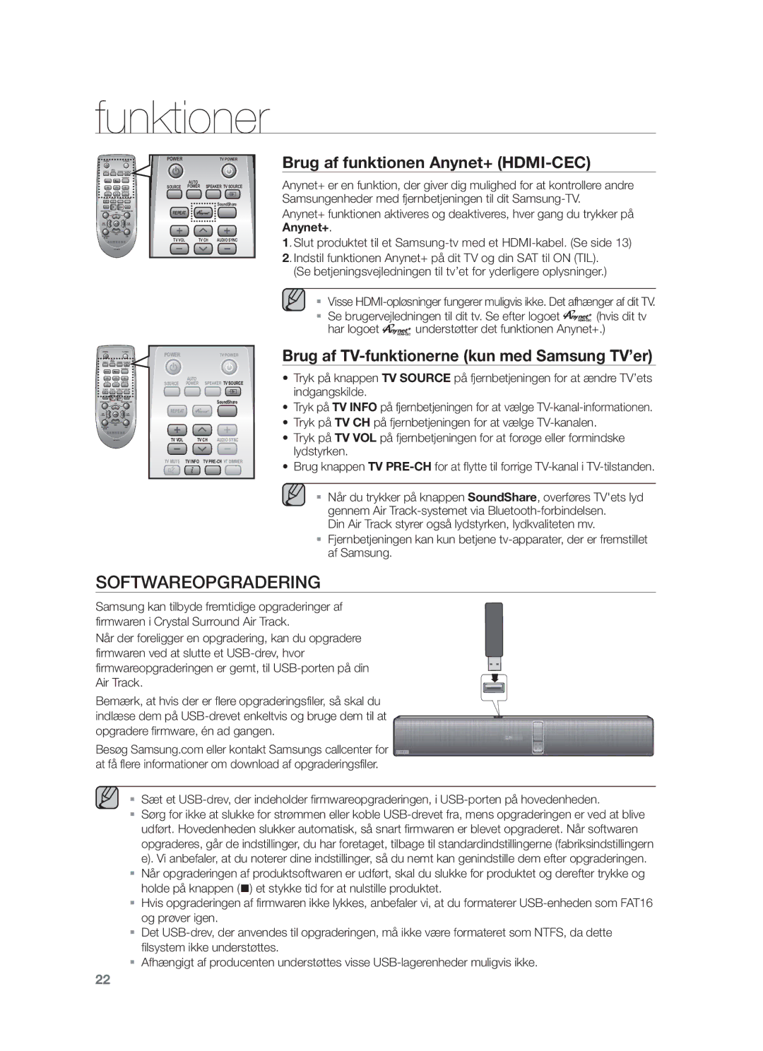 Samsung HW-F751/XE Softwareopgradering, Brug af funktionen Anynet+ HDMI-CEC, Brug af TV-funktionerne kun med Samsung TV’er 