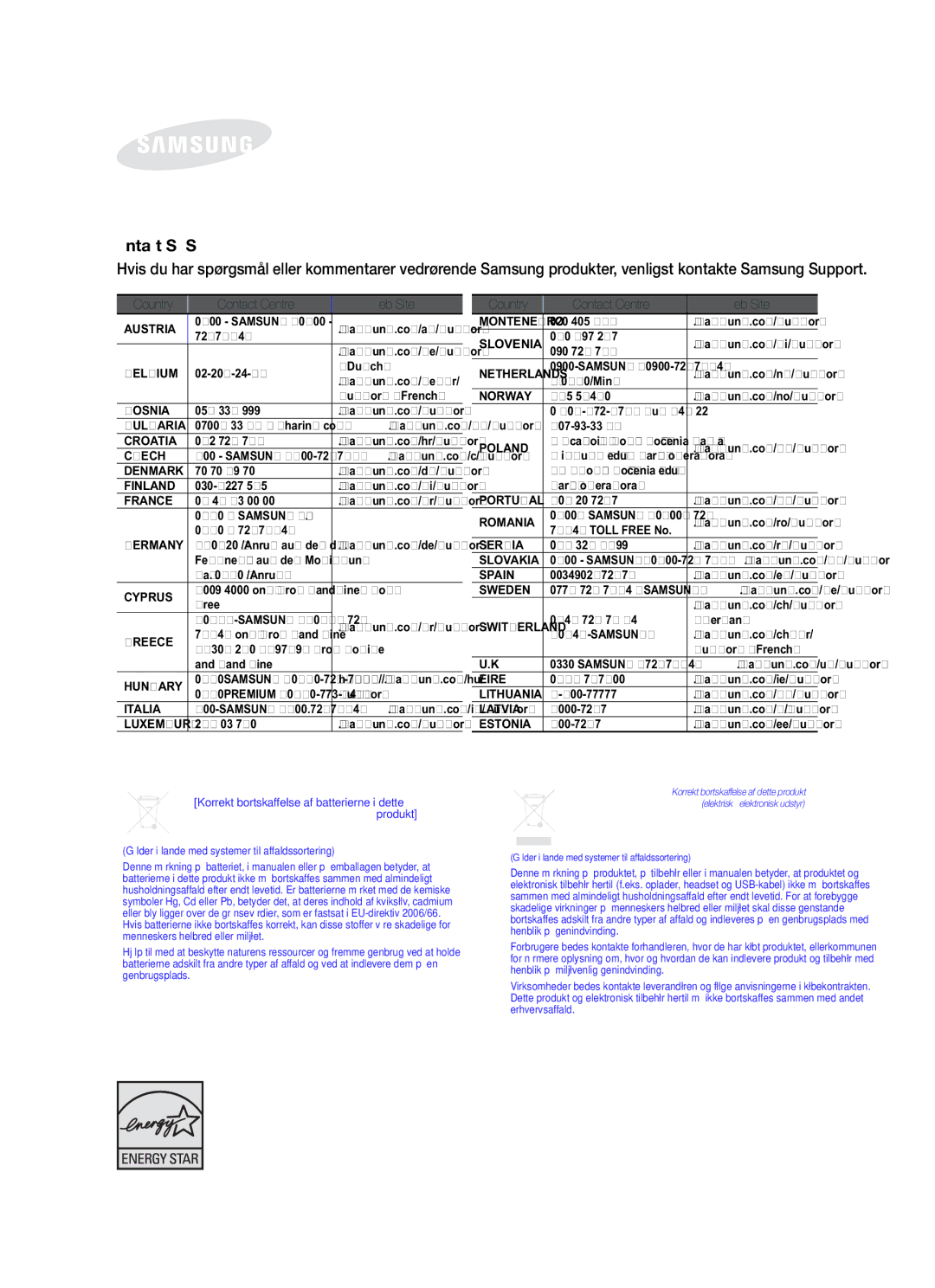 Samsung HW-F750/XE, HW-F751/XE manual Kontakt Samsung 