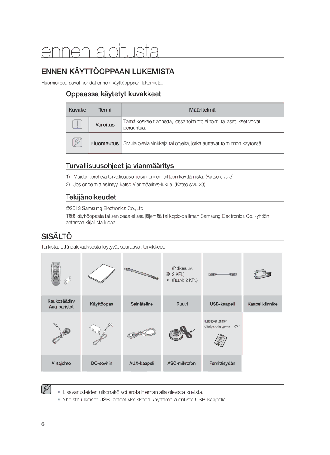 Samsung HW-F750/XE, HW-F751/XE manual Ennen aloitusta, Ennen Käyttöoppaan Lukemista, Sisältö 