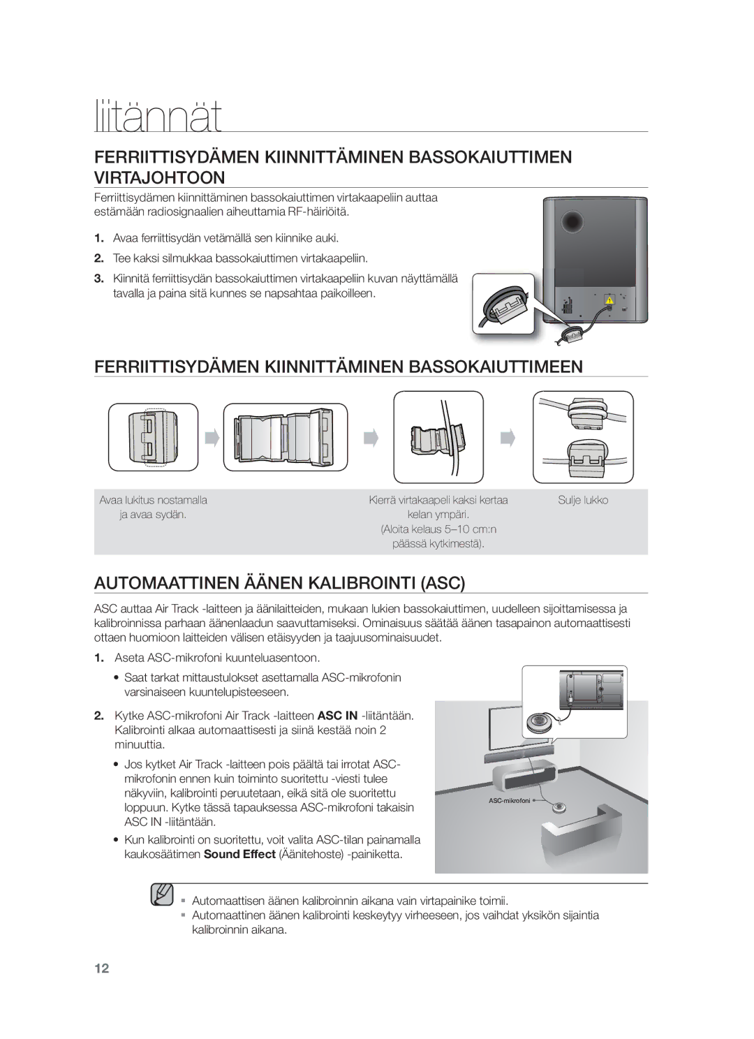 Samsung HW-F750/XE, HW-F751/XE manual Ferriittisydämen Kiinnittäminen Bassokaiuttimeen, Automaattinen Äänen Kalibrointi ASC 