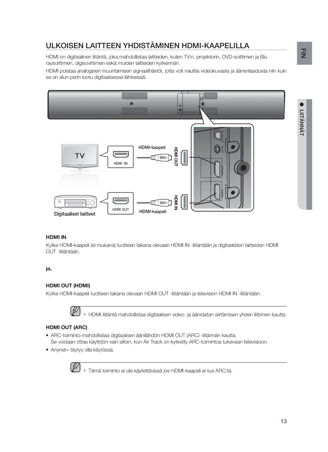 Samsung HW-F751/XE, HW-F750/XE manual Digitaaliset laitteet, Ulkoisen Laitteen Yhdistäminen HDMI-KAAPELILLA 