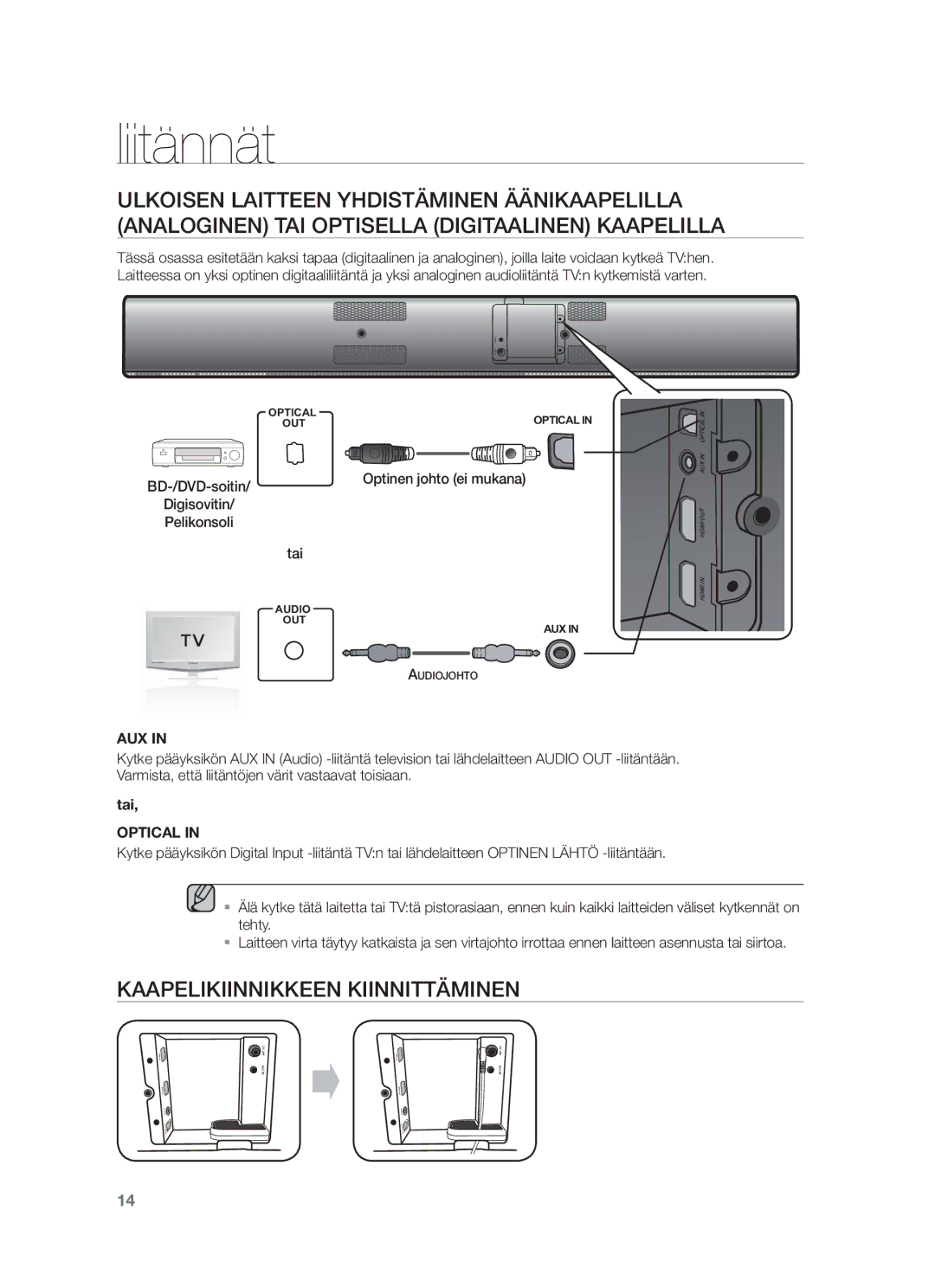 Samsung HW-F750/XE, HW-F751/XE manual Kaapelikiinnikkeen Kiinnittäminen, Tai 